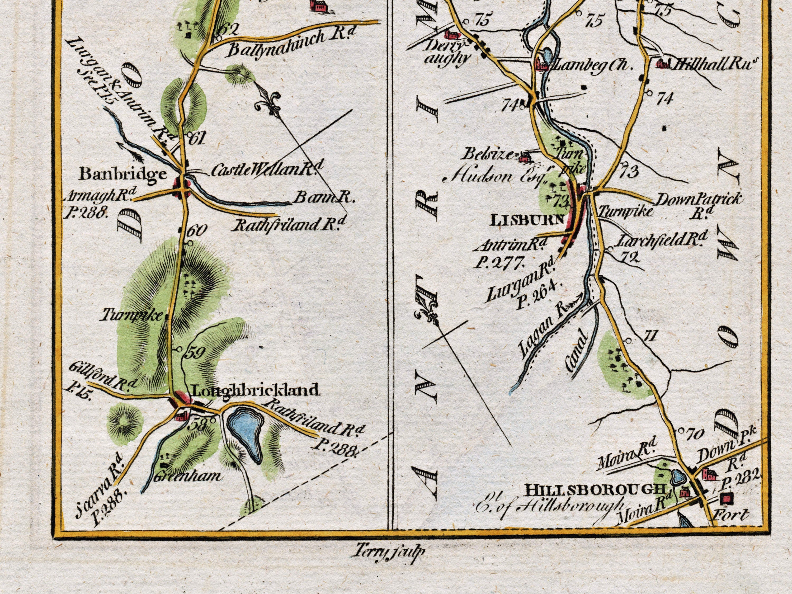 Close-up of Banbridge, Loughbrickland, Lisburn and Hillsborough with connecting roads on the 1783 Taylor & Skinner Ireland road map.