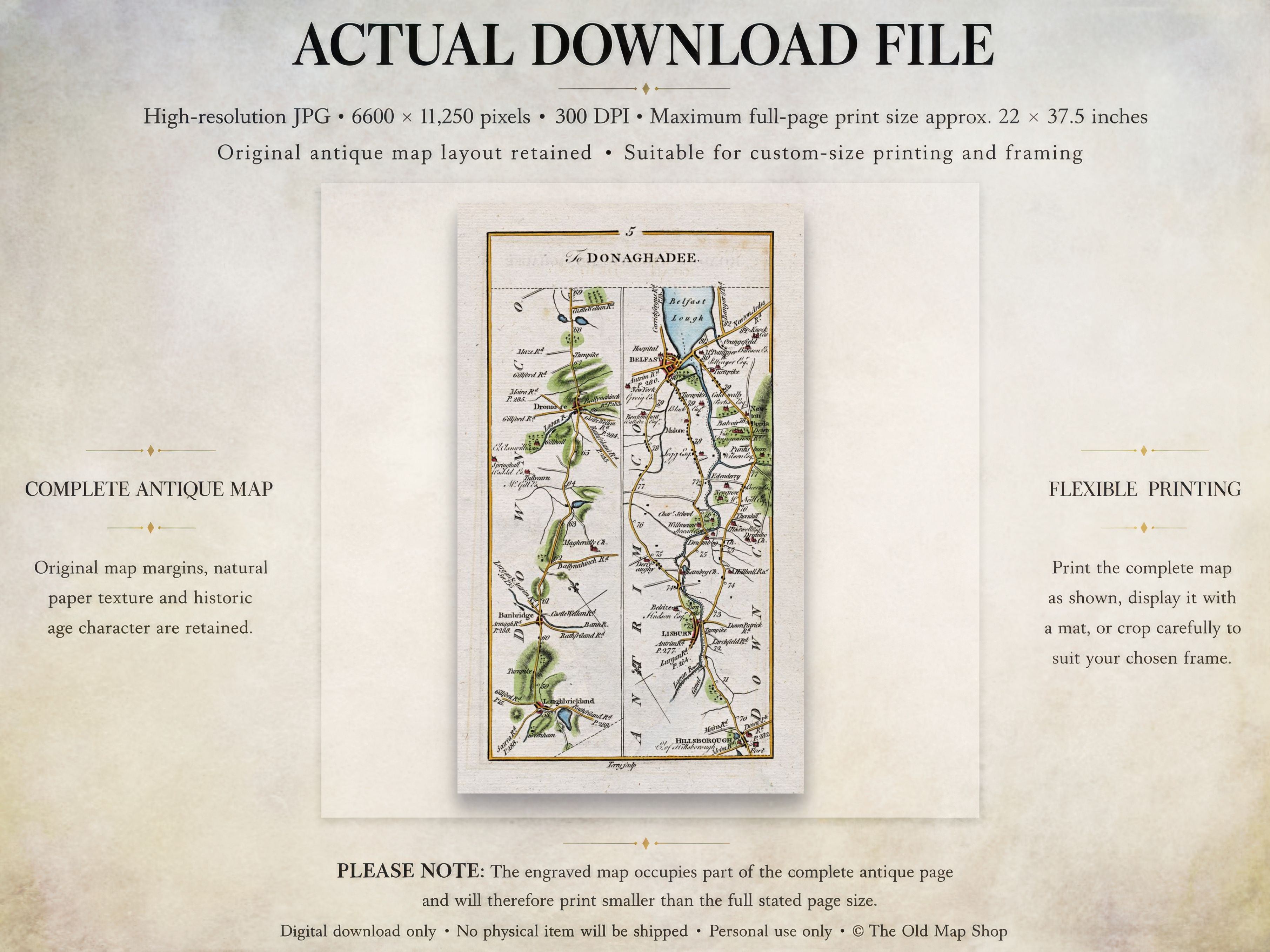 Digital download guide for the 1783 Belfast, Lisburn, Banbridge and Hillsborough road map showing JPG dimensions and printing information.
