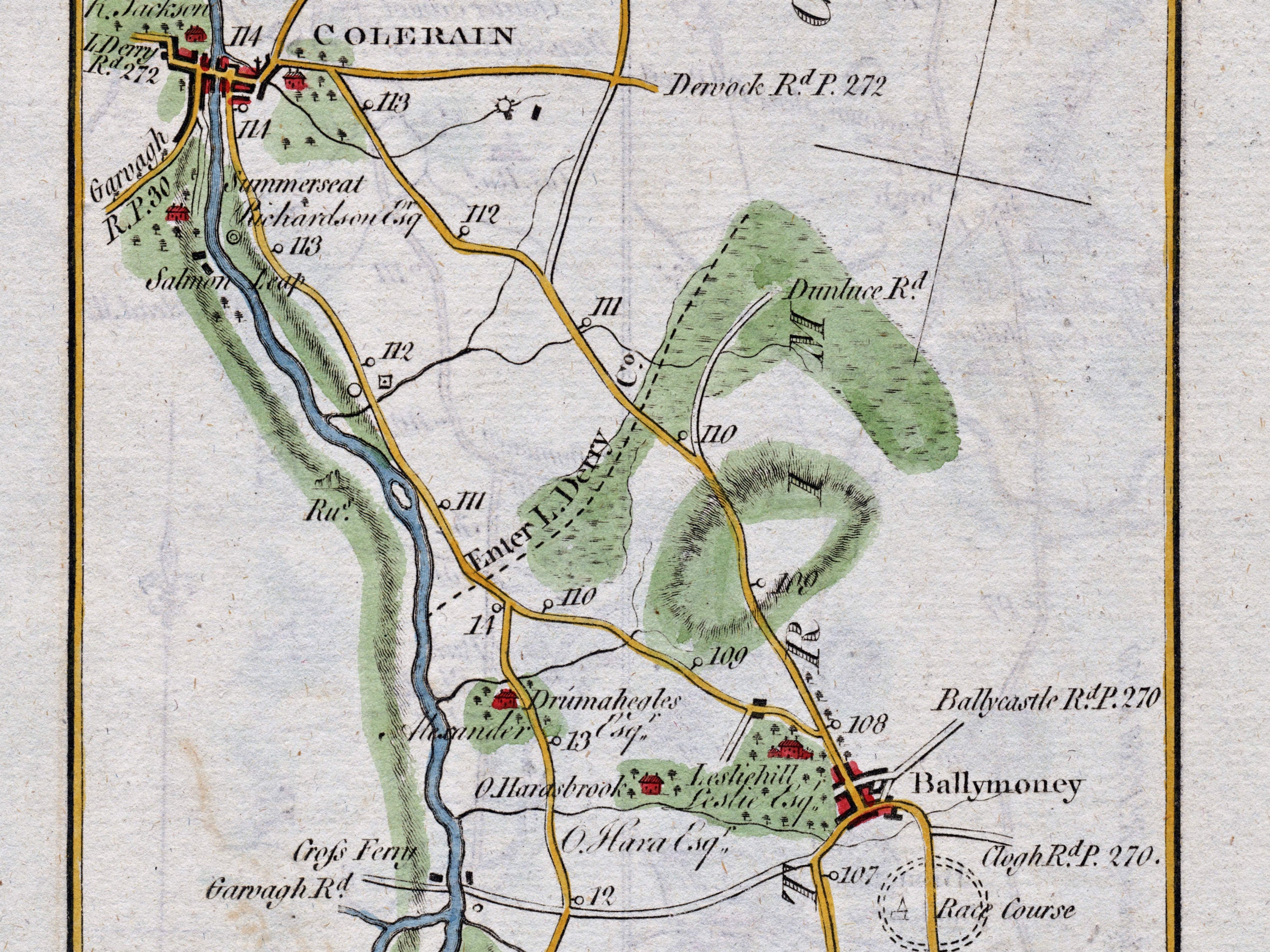 Close-up of the 1783 Taylor & Skinner Ireland road map showing Coleraine, Ballymoney, Drumaheglis and the River Bann.
