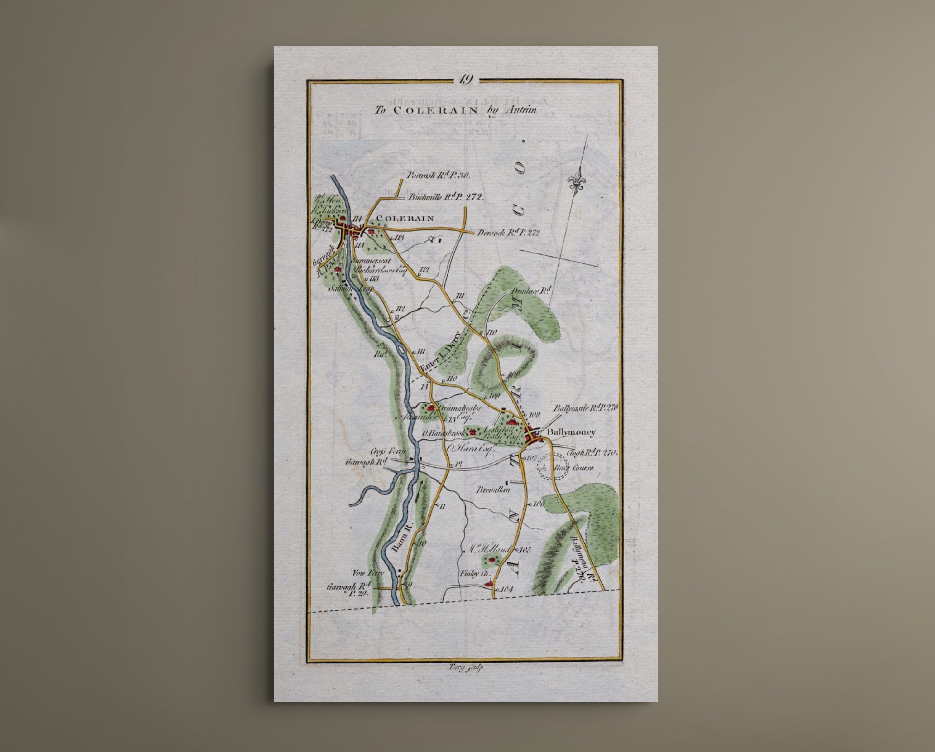 Full view of the 1783 Taylor & Skinner Ireland road map showing Coleraine, Ballymoney, Finvoy and the River Bann.