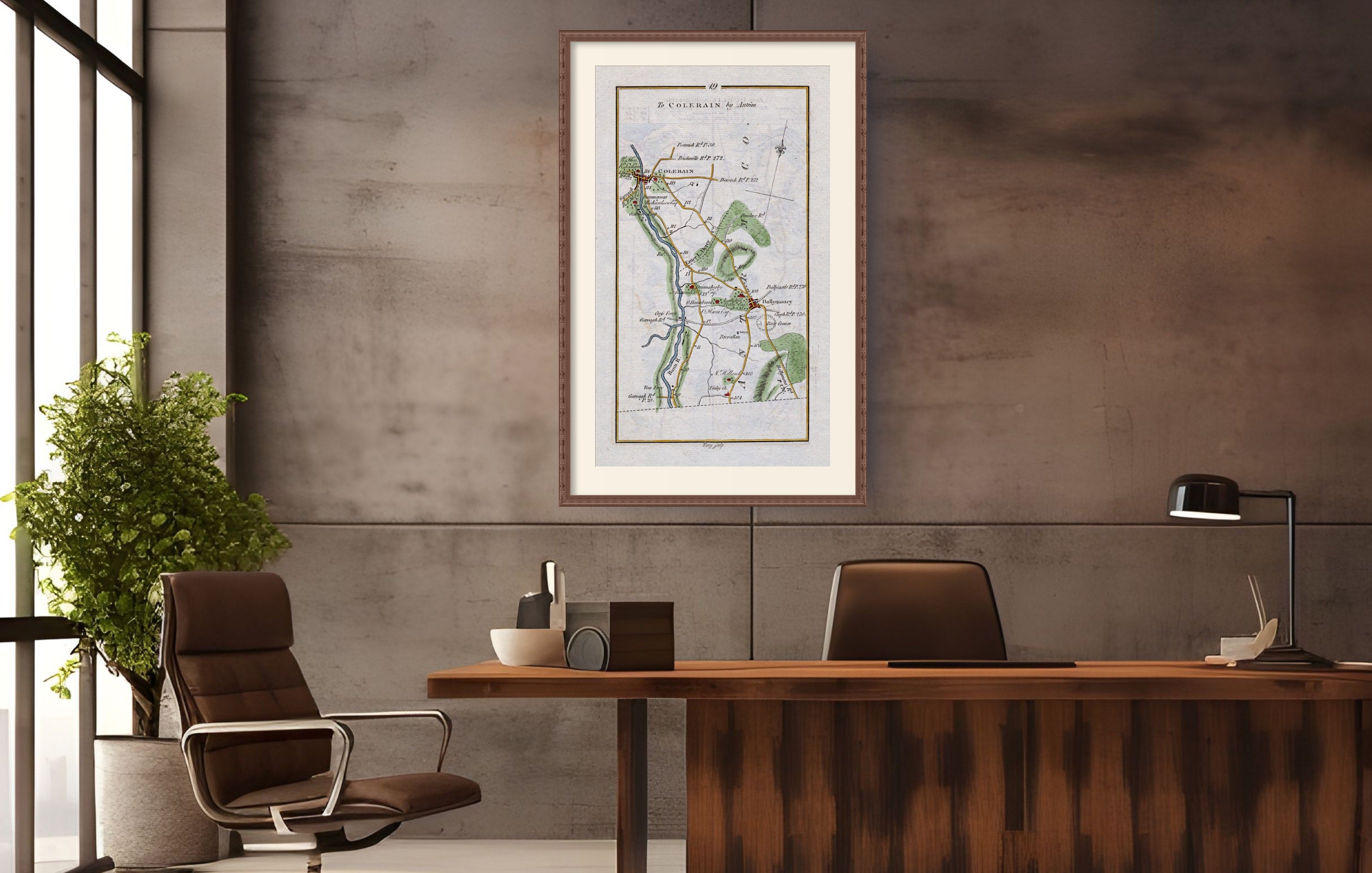 Office mockup showing the 1783 Taylor & Skinner Ireland road map of Coleraine, Ballymoney, Finvoy and the River Bann.