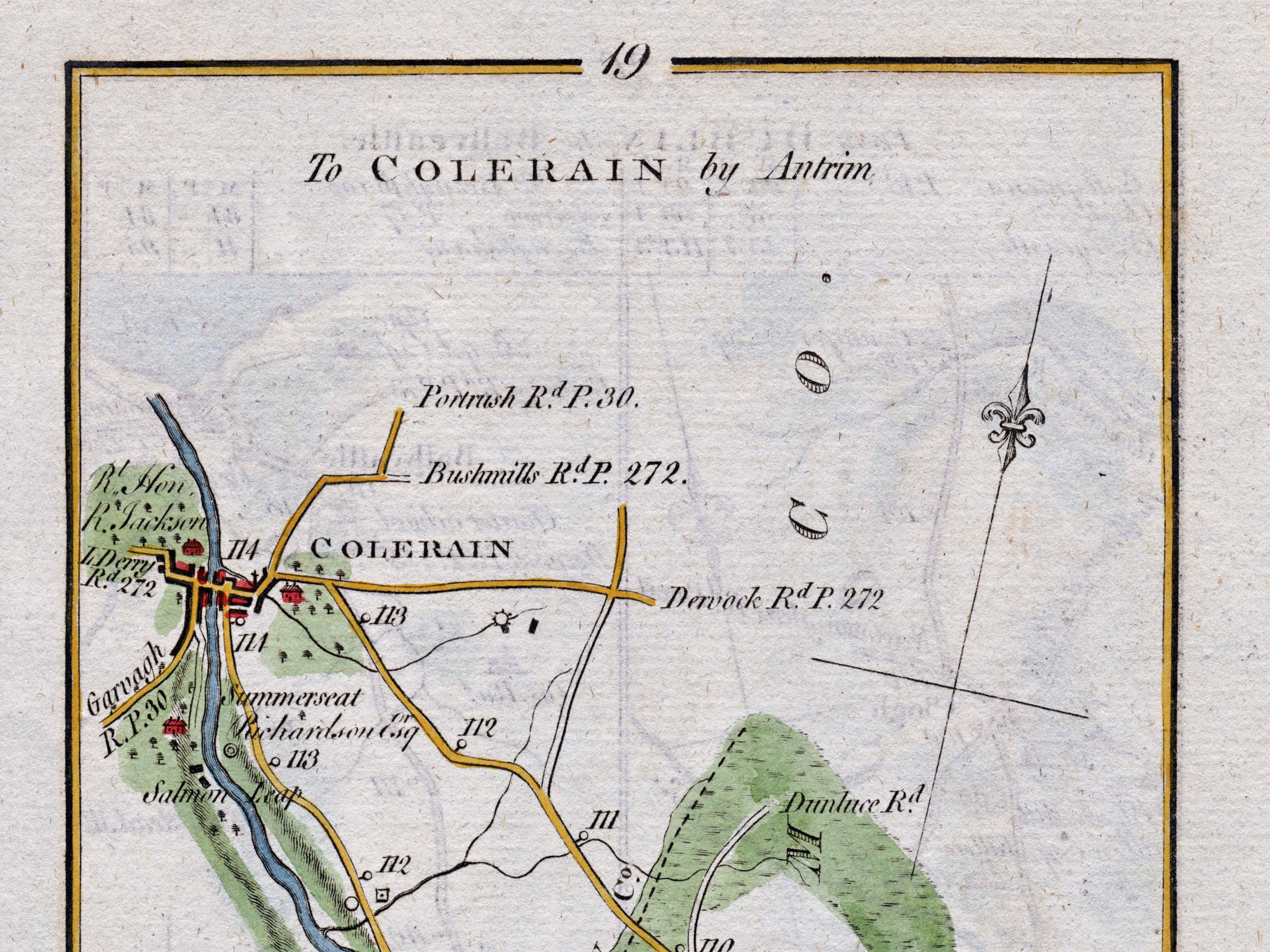 Close-up of the 1783 Taylor & Skinner Ireland road map showing Coleraine with roads towards Portrush, Bushmills and Dervock.