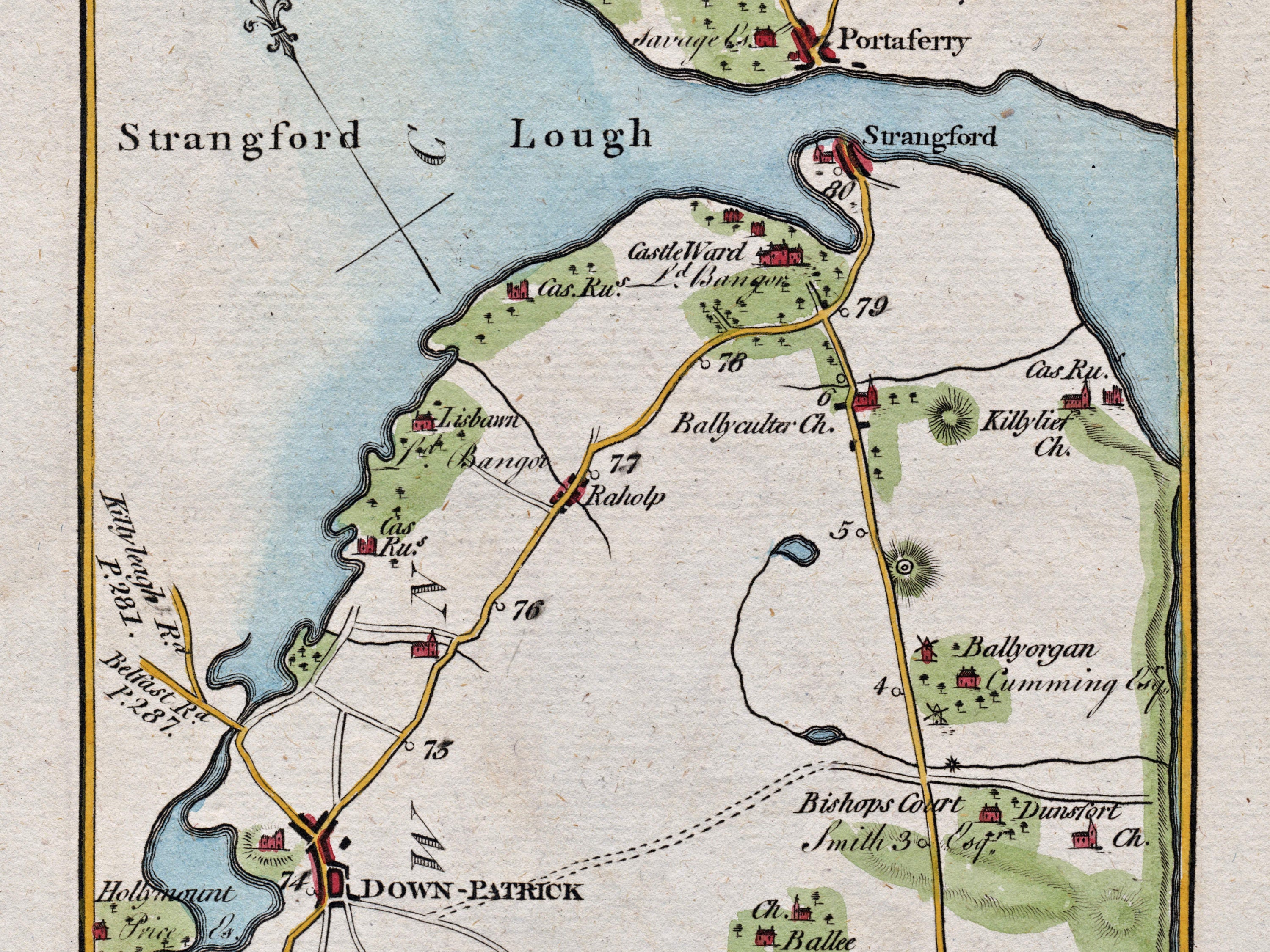 Close-up of the 1783 Taylor & Skinner Ireland road map showing Strangford, Castle Ward, Downpatrick and surrounding roads in County Down.