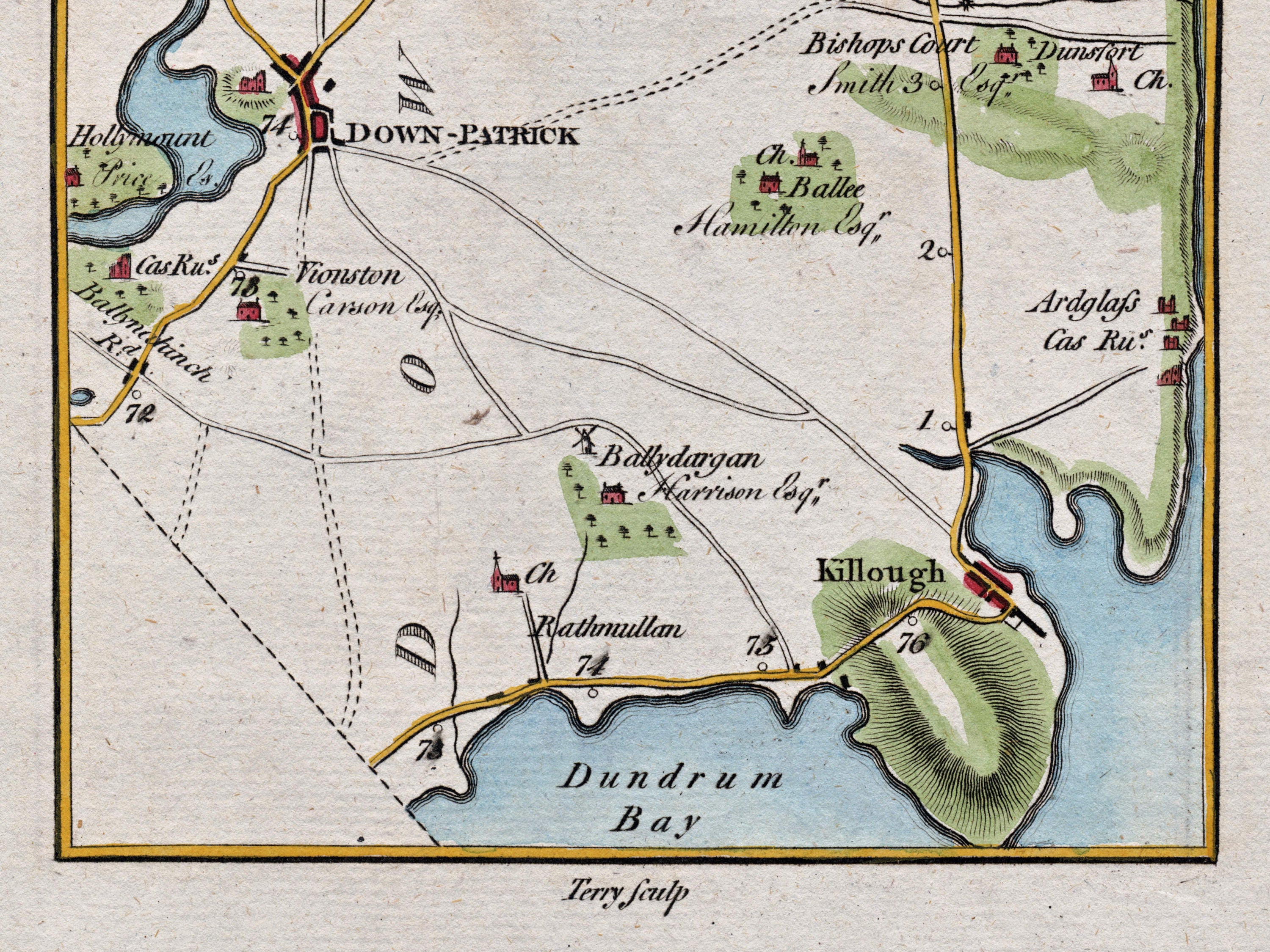 Close-up of the 1783 Taylor & Skinner Ireland road map showing Downpatrick, Killough, Ardglass and the coast near Dundrum Bay.