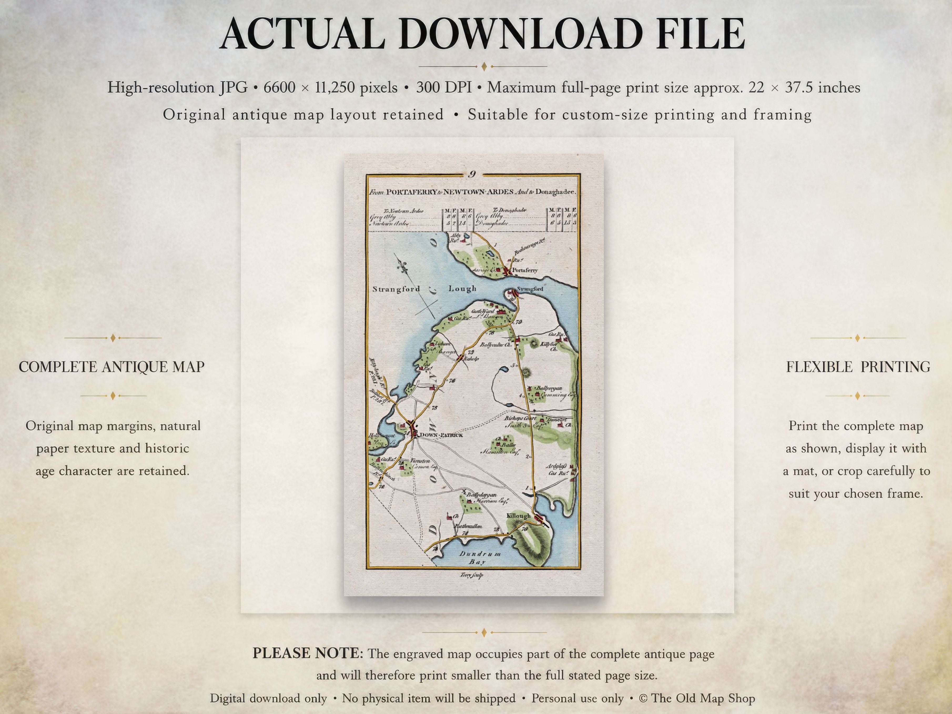 Digital download guide for the 1783 Downpatrick, Strangford, Portaferry and Killough Ireland road map showing JPG dimensions and printing information.