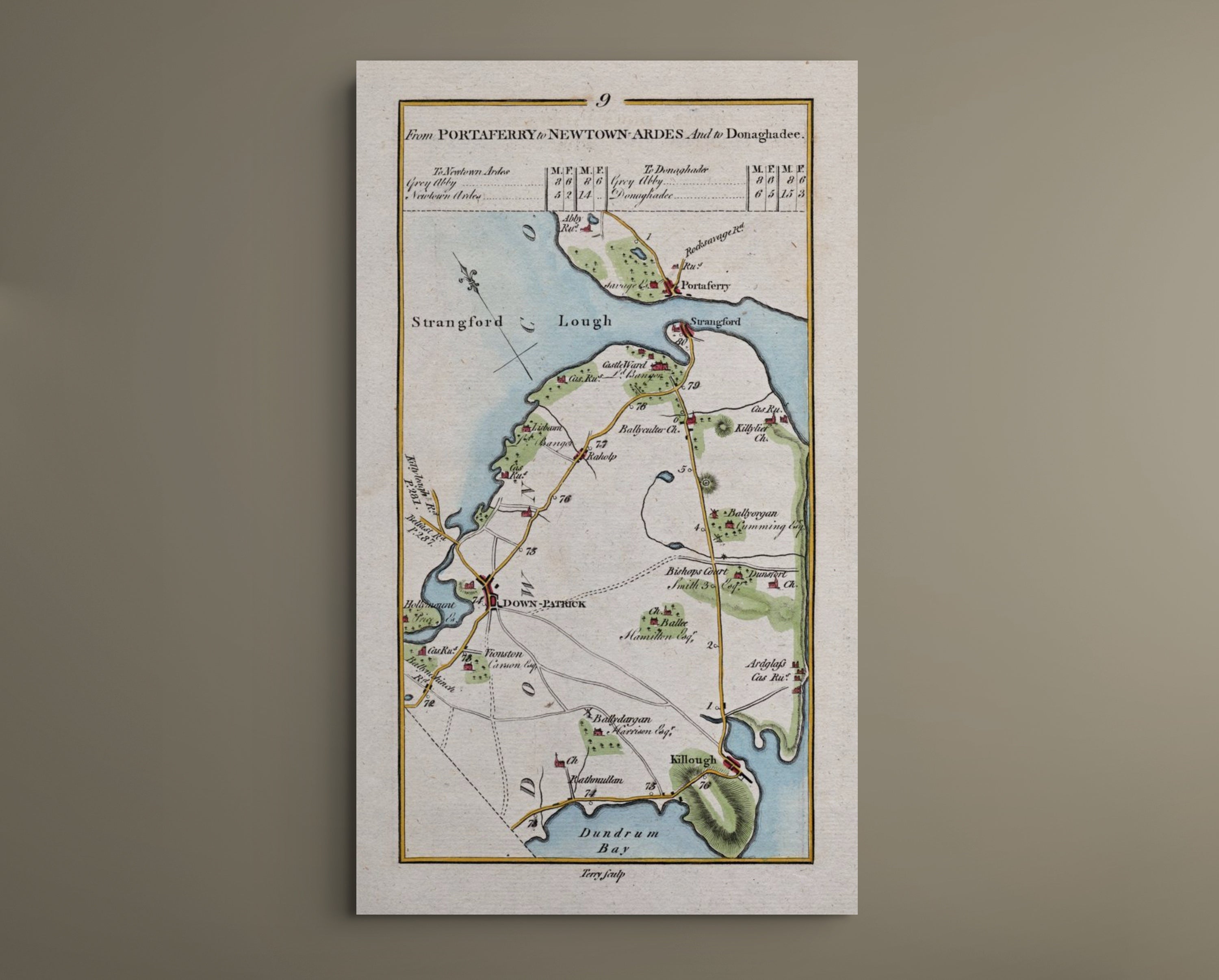 Complete 1783 Taylor & Skinner Downpatrick, Strangford, Portaferry and Killough Ireland road map displayed against a plain neutral wall.