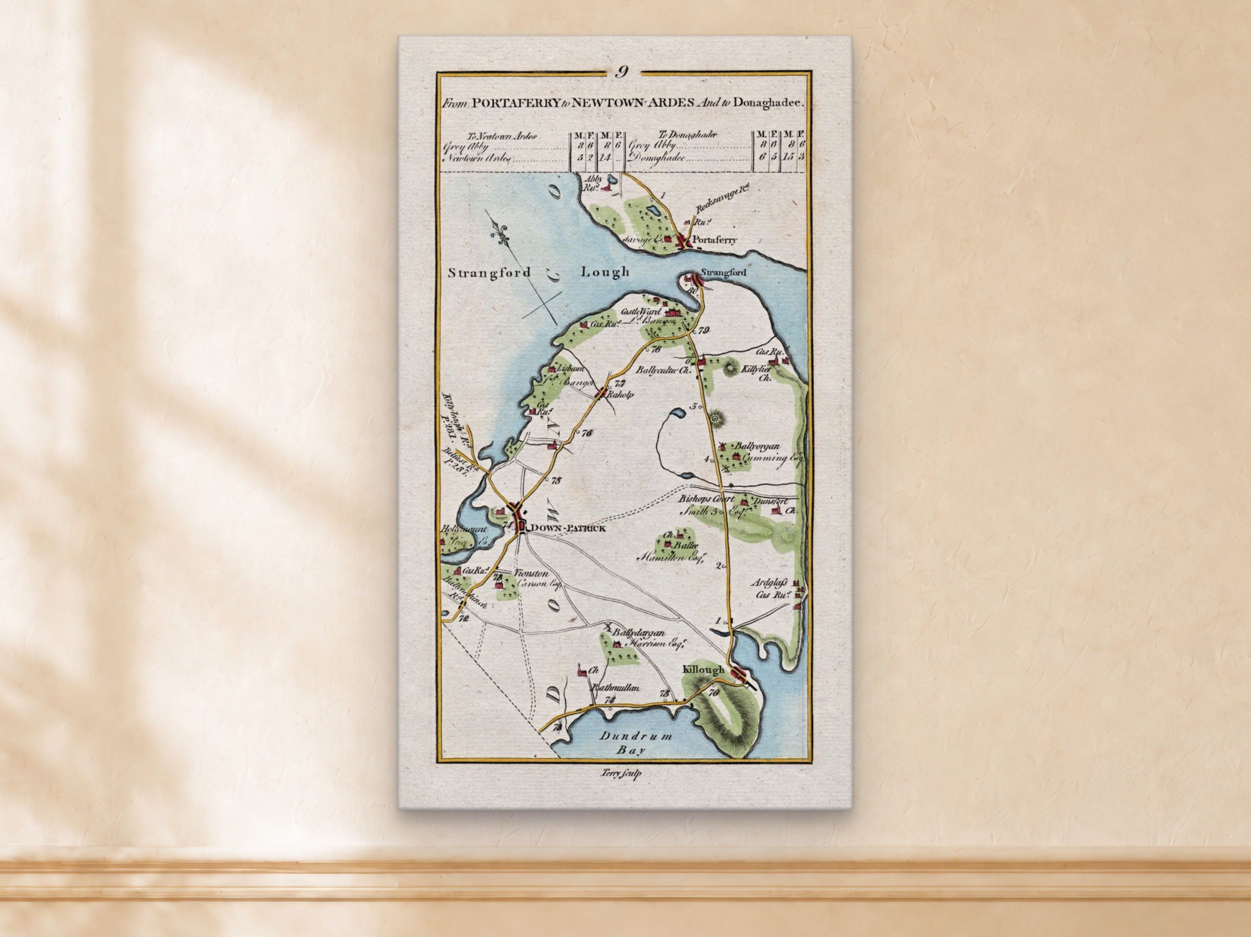 1783 Taylor & Skinner Downpatrick, Strangford, Portaferry and Killough Ireland road map displayed on a light cream wall.