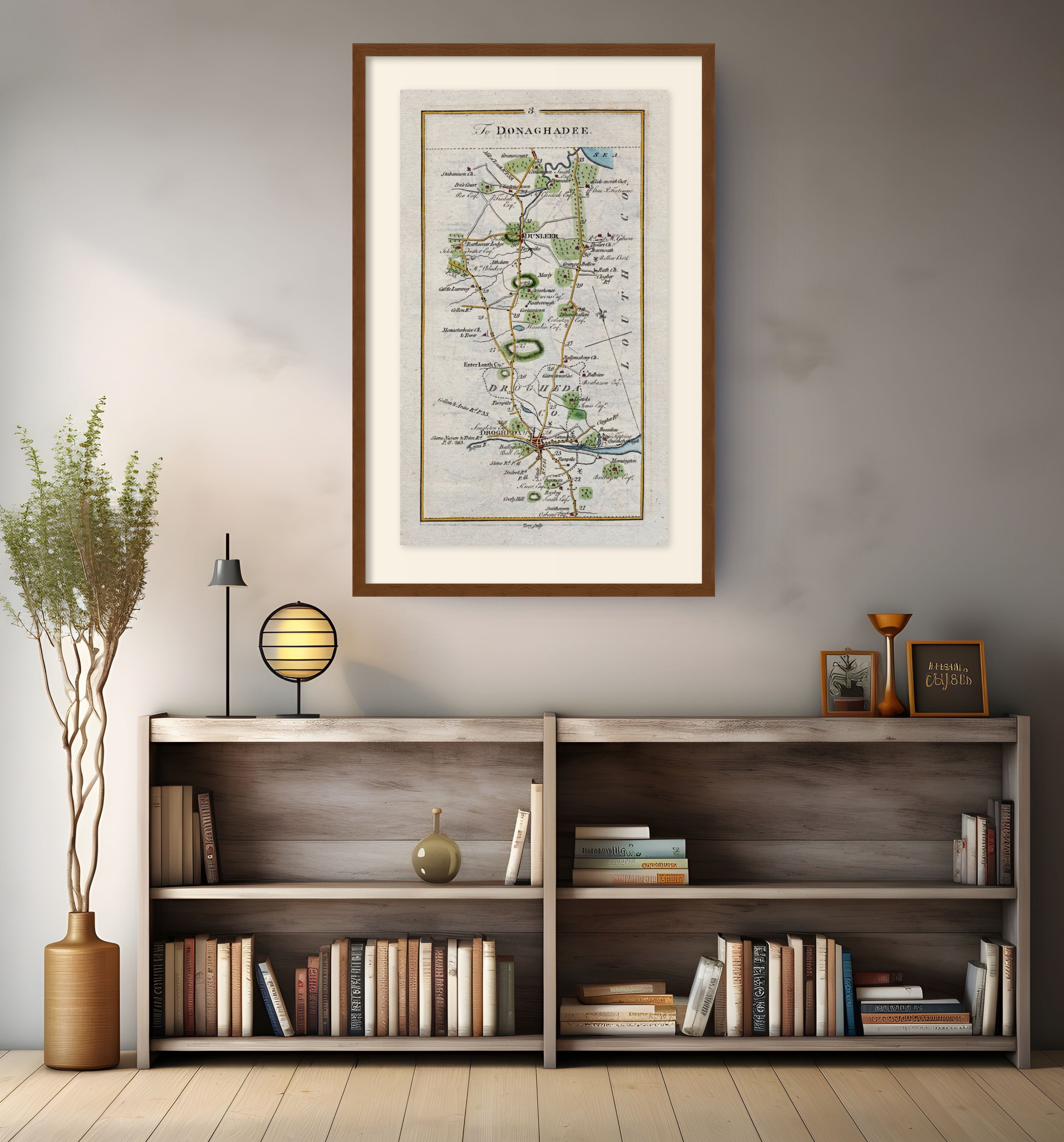 Framed antique Ireland road map of Drogheda, Dunleer, Monasterboice and Stabannon displayed in a modern interior