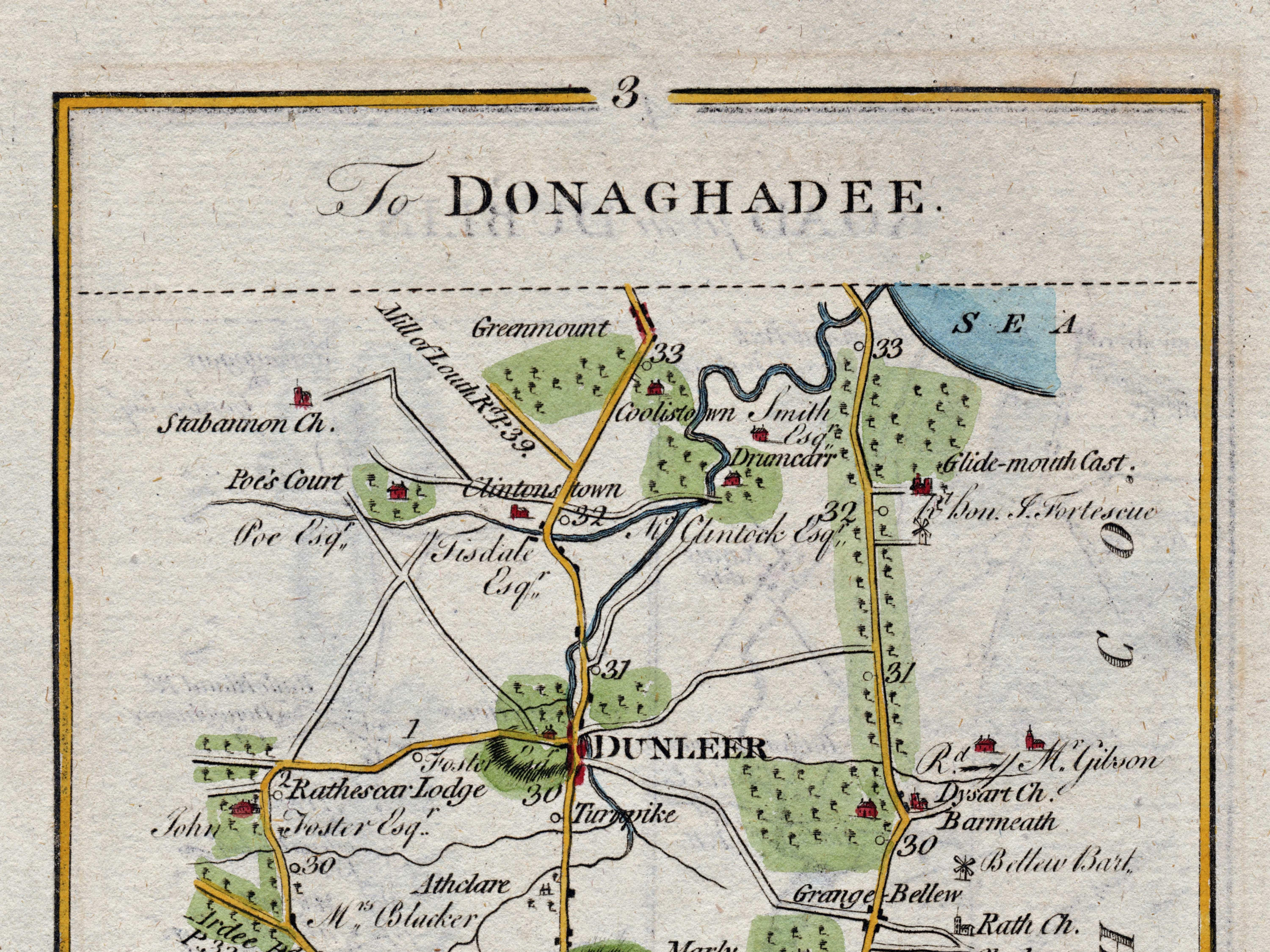 Close-up of the 1783 Taylor & Skinner road map showing Stabannon, Drumcar, Coolistown, Dunleer and nearby roads in County Louth