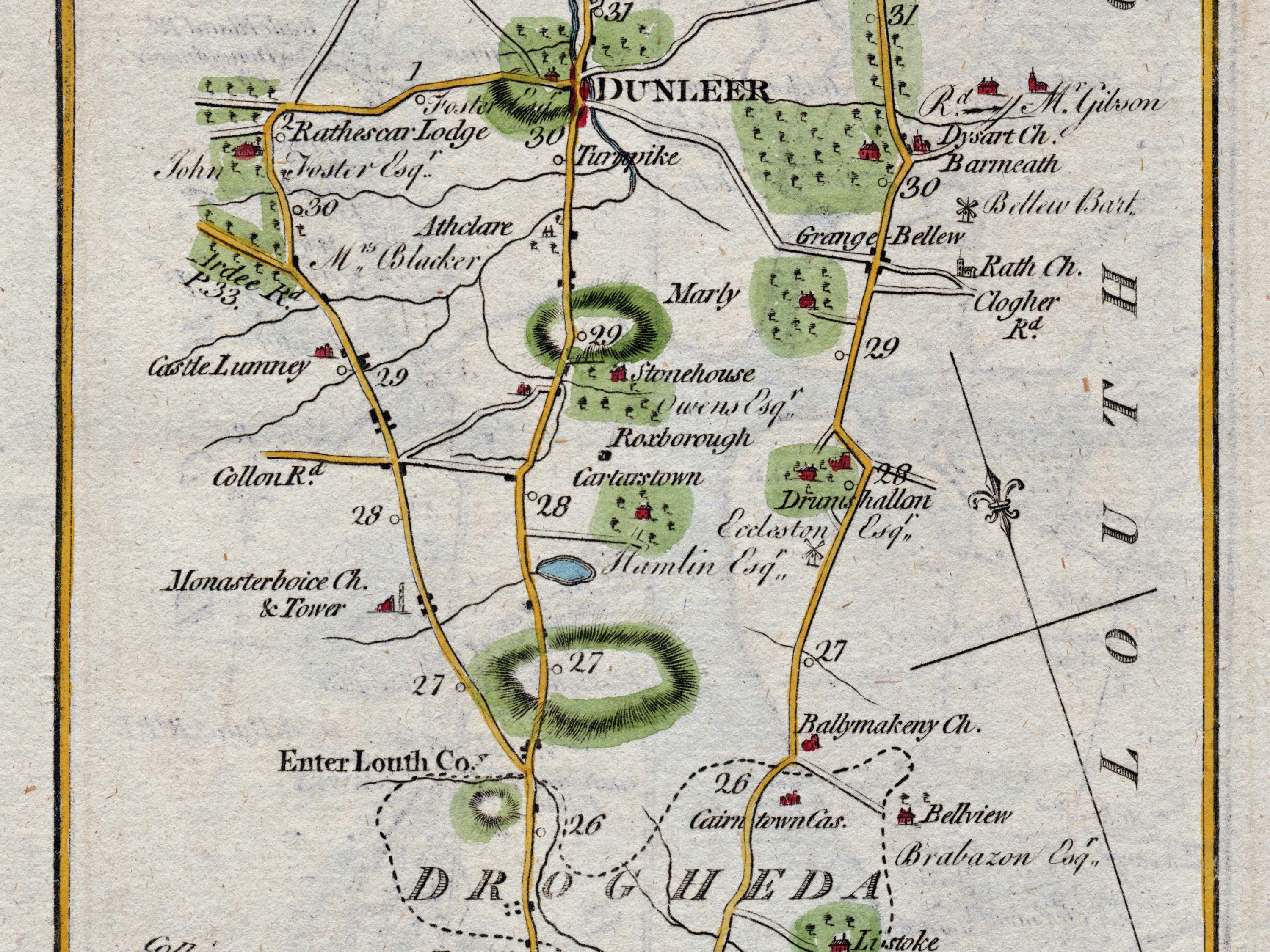 Close-up of Dunleer, Monasterboice, Grange Bellew, Rath Church and surrounding roads on the 1783 Taylor & Skinner map.