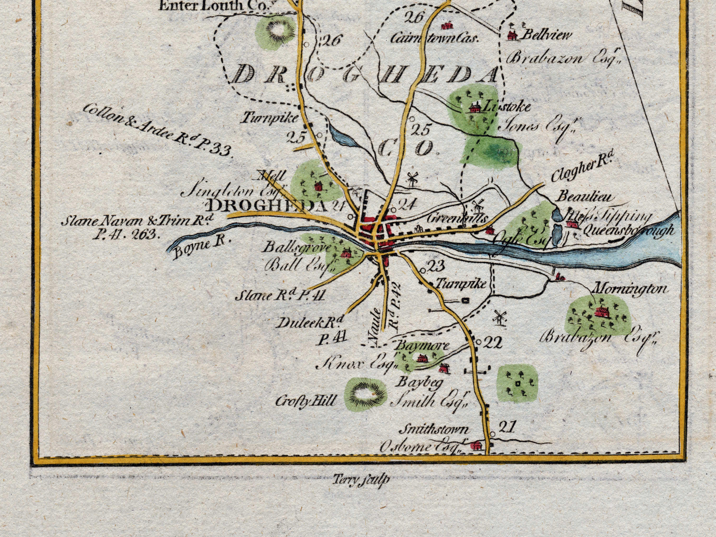 Close-up of Drogheda, the River Boyne, Mornington, Beaulieu and surrounding roads on the 1783 Taylor & Skinner road map.