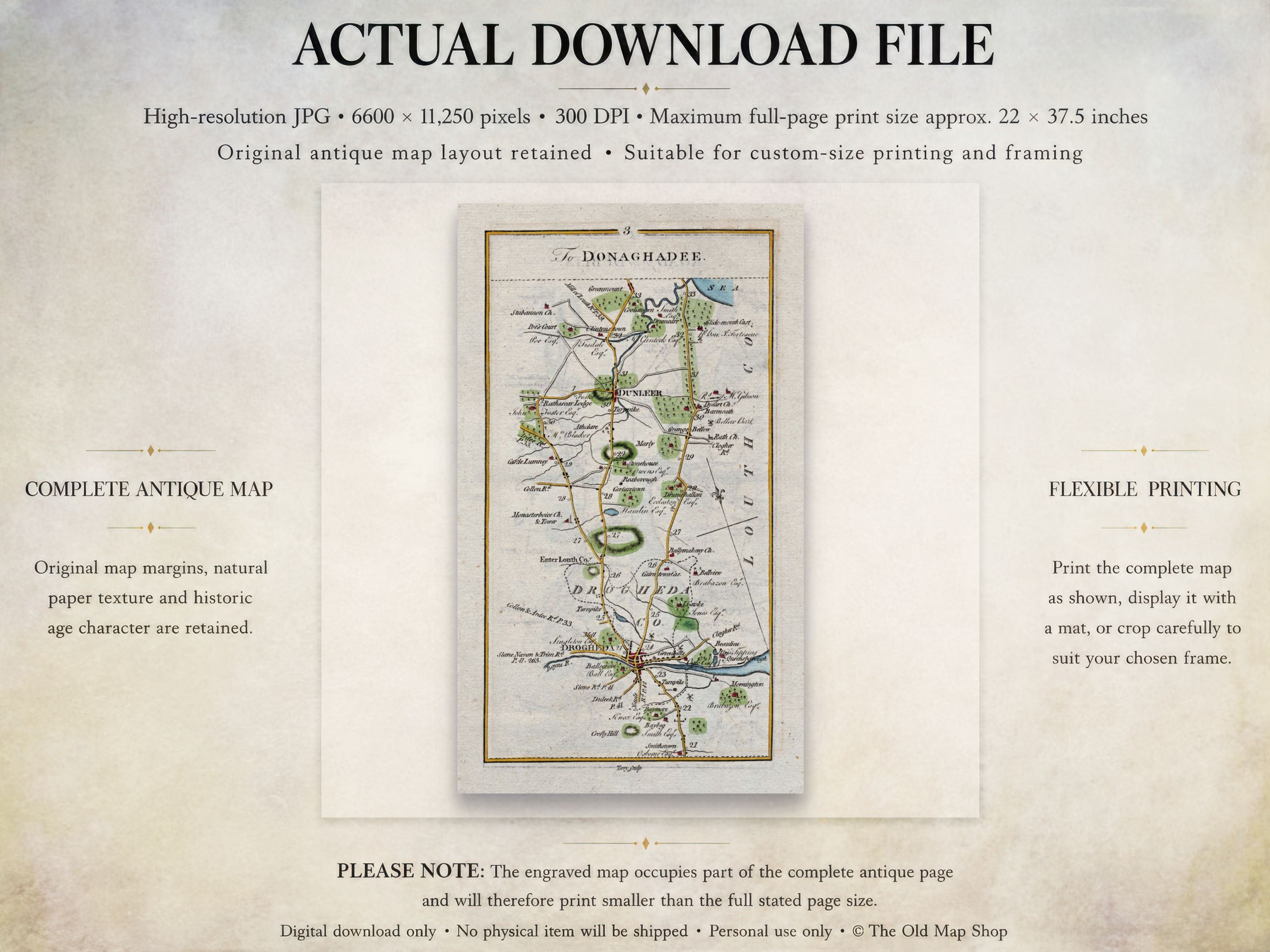 Digital download guide for the 1783 Drogheda, Dunleer, Monasterboice and Stabannon road map showing JPG dimensions and printing information.