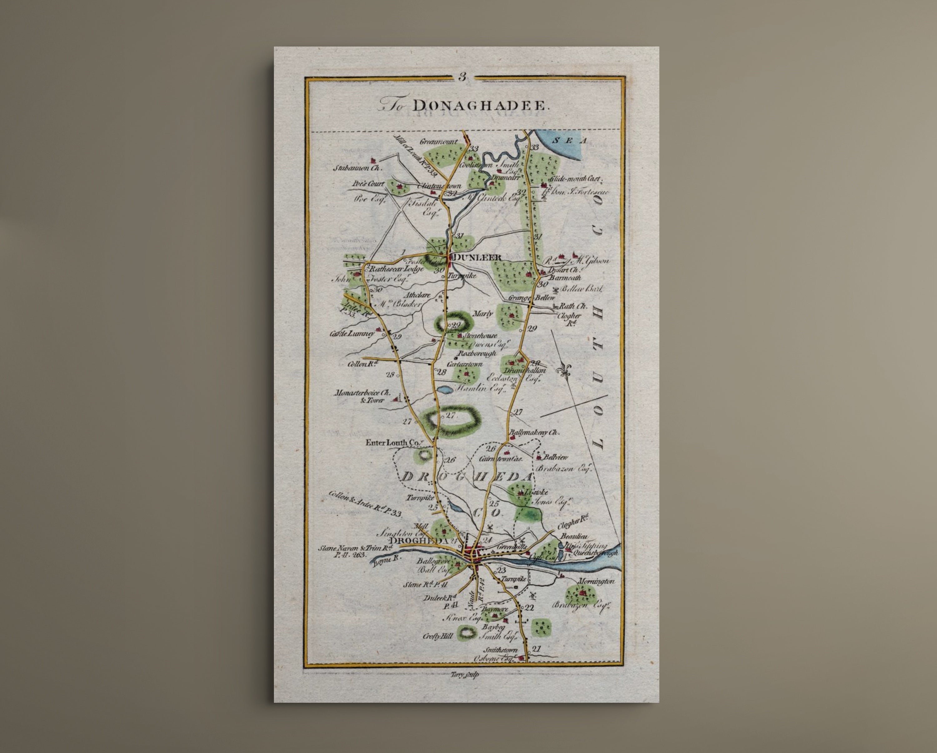 Complete 1783 Taylor & Skinner Drogheda to Stabannon antique road map displayed against a plain neutral wall.