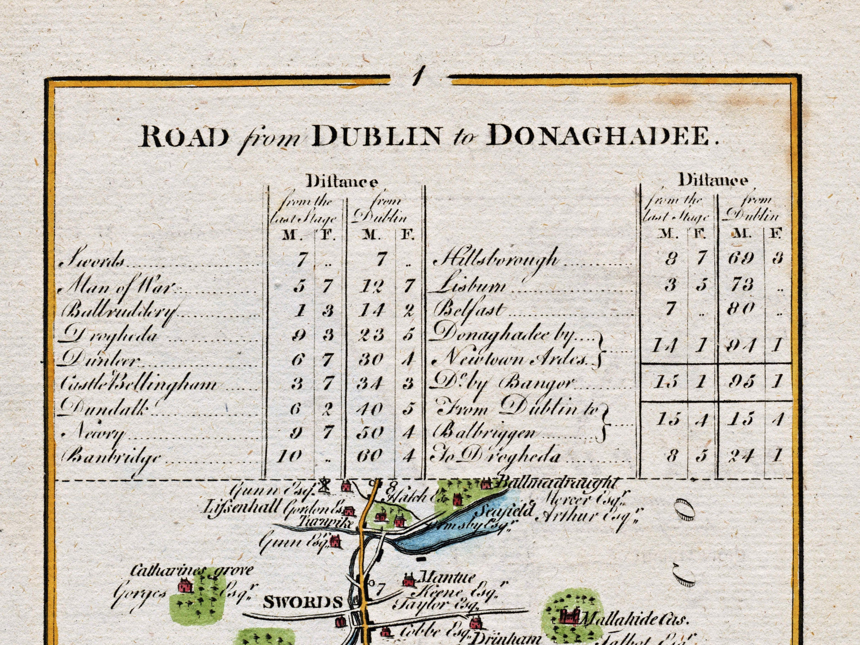 Close-up of the Road from Dublin to Donaghadee title, mileage tables and Swords section of the antique map.