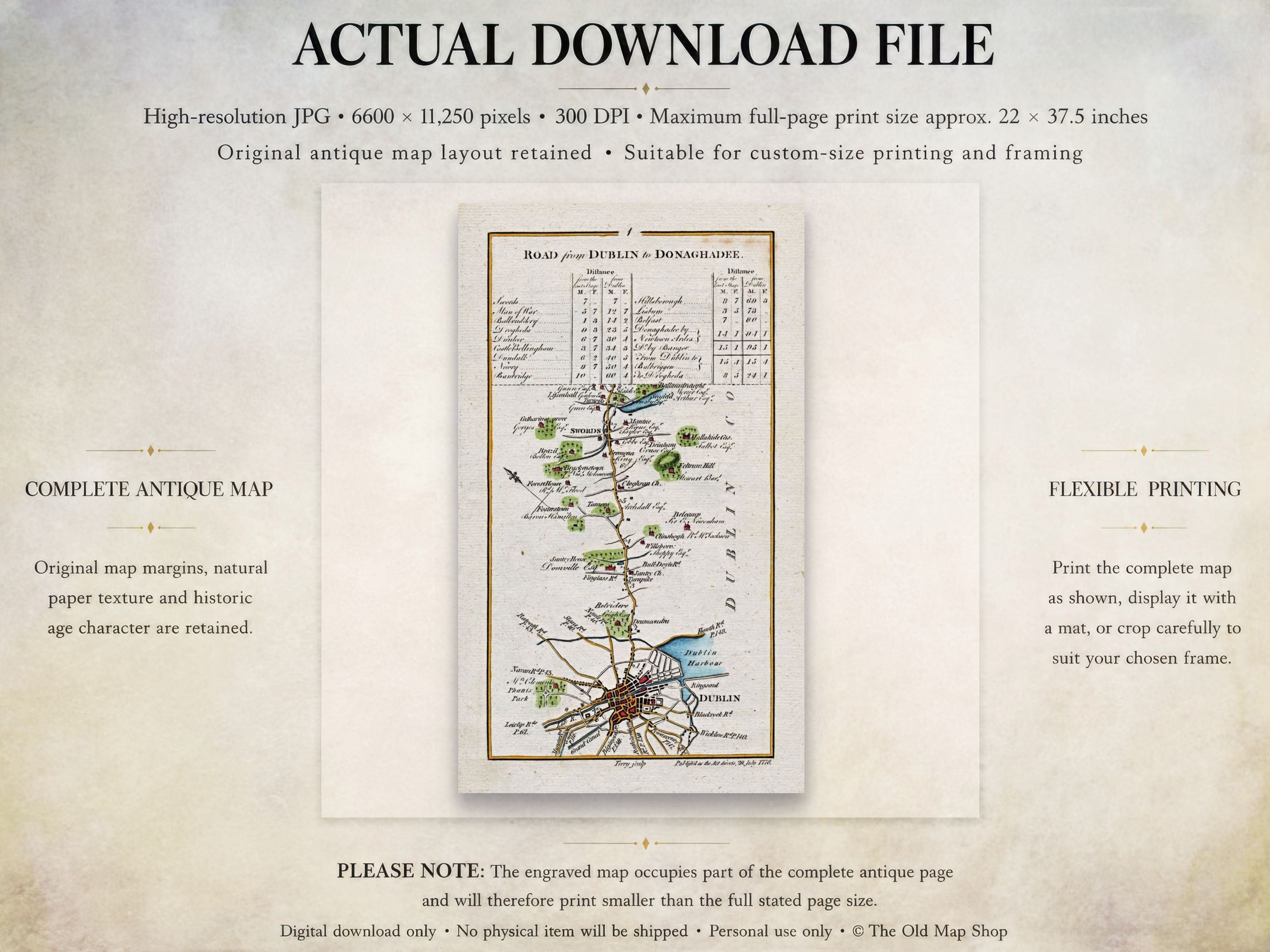 Digital download guide for the 1783 Dublin and Swords road map showing JPG dimensions and printing information.