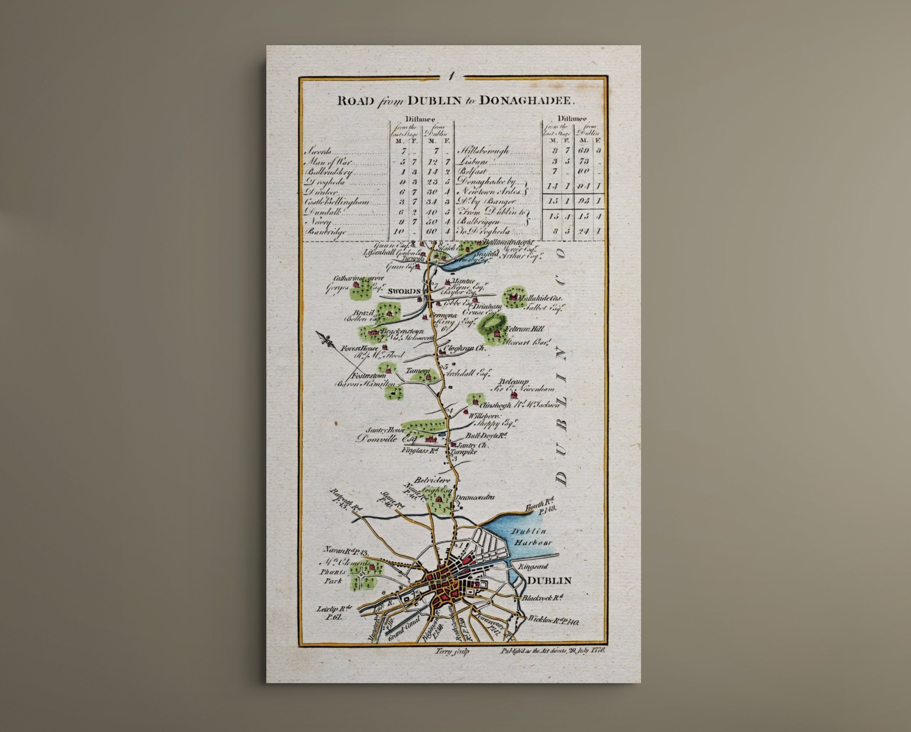 Complete 1783 Dublin to Donaghadee antique road map displayed against a plain neutral wall.