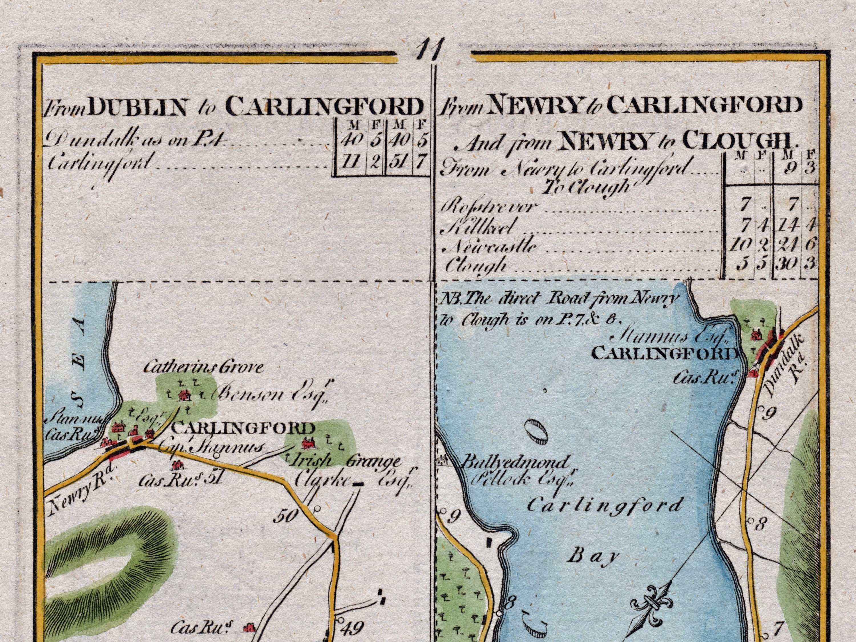 Close-up of the 1783 Taylor & Skinner Ireland road map showing Carlingford, Carlingford Bay, Catherine Grove and the route towards Newry.
