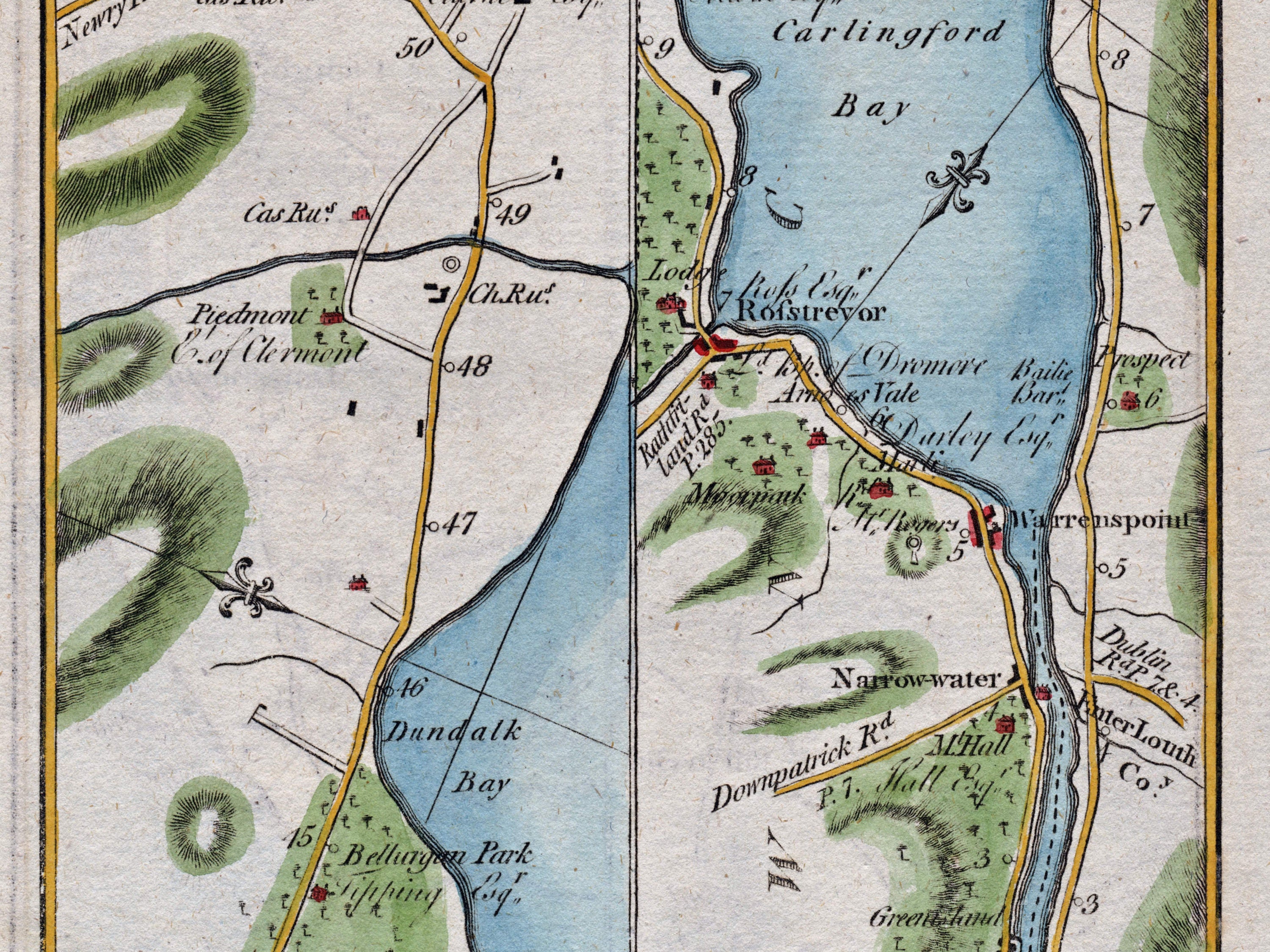 Close-up of the 1783 Taylor & Skinner Ireland road map showing Rostrevor, Warrenpoint, Narrow Water and the shores of Carlingford Lough.