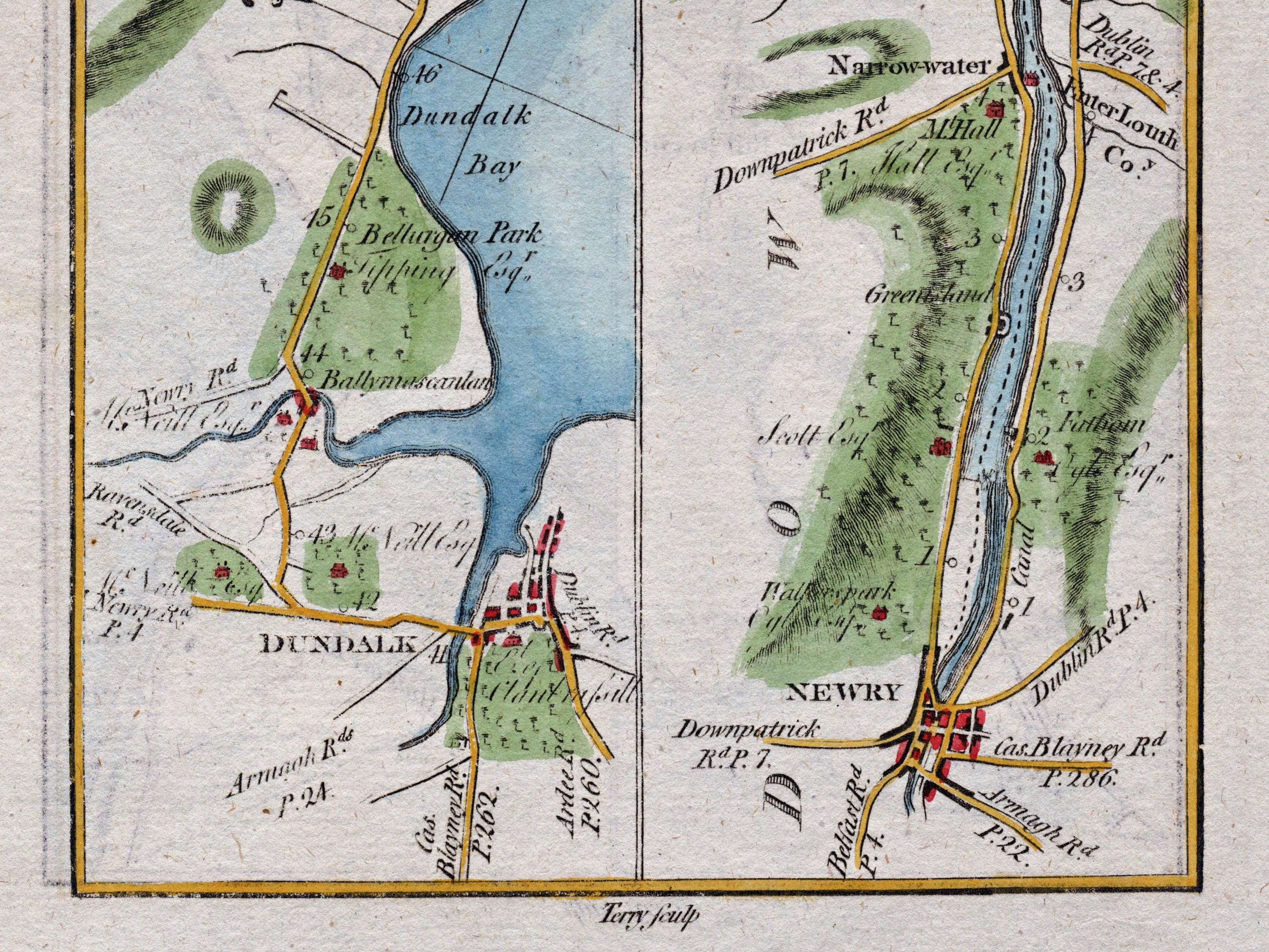 Close-up of the 1783 Taylor & Skinner Ireland road map showing Dundalk, Dundalk Bay, Newry, the canal and surrounding roads.