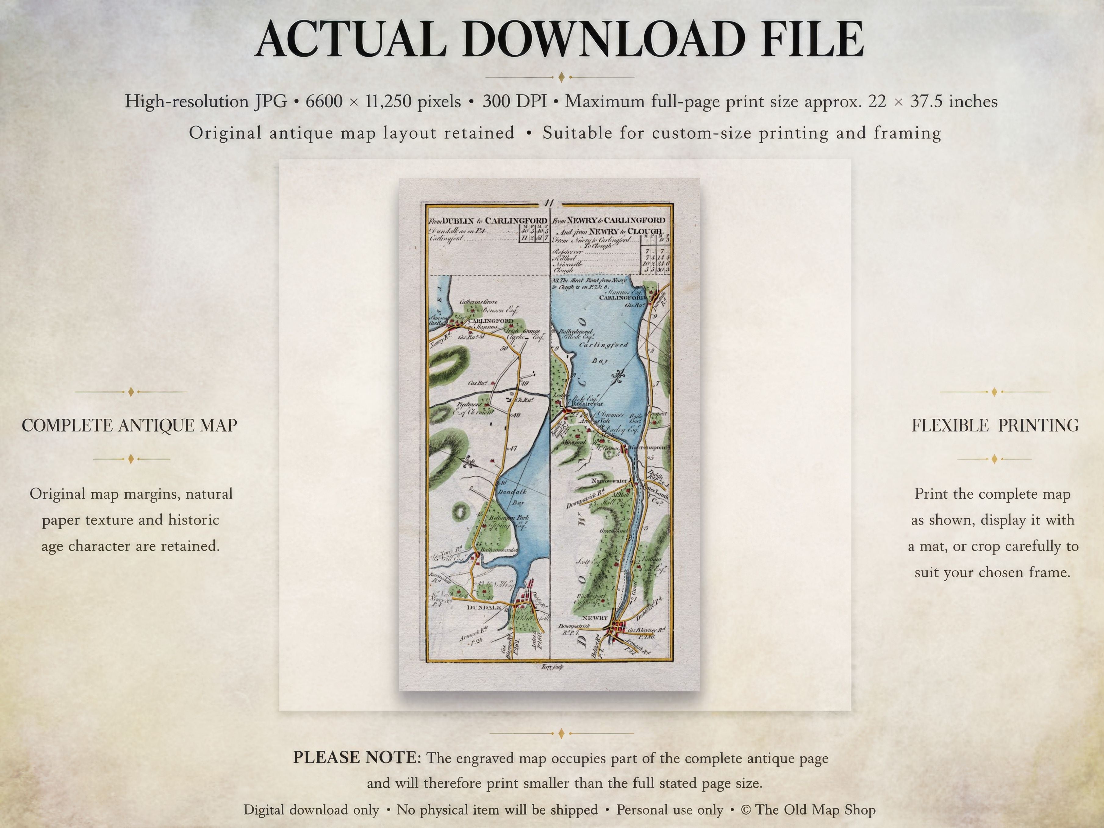 Digital download guide for the 1783 Dundalk, Carlingford, Newry, Warrenpoint and Rostrevor Ireland road map showing JPG dimensions and printing information.