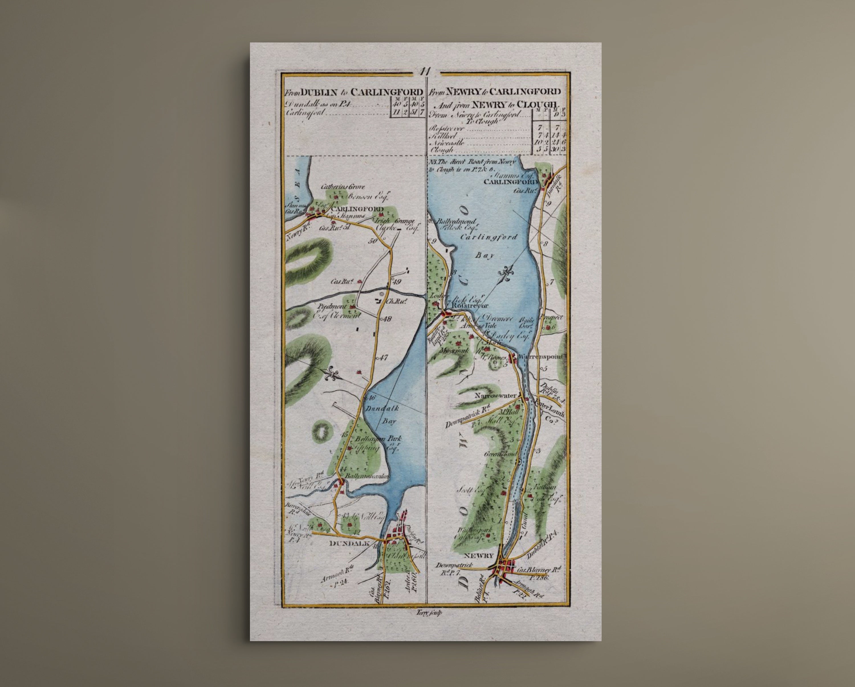 Complete 1783 Taylor & Skinner Dundalk, Carlingford, Newry, Warrenpoint and Rostrevor Ireland road map displayed against a plain neutral wall.