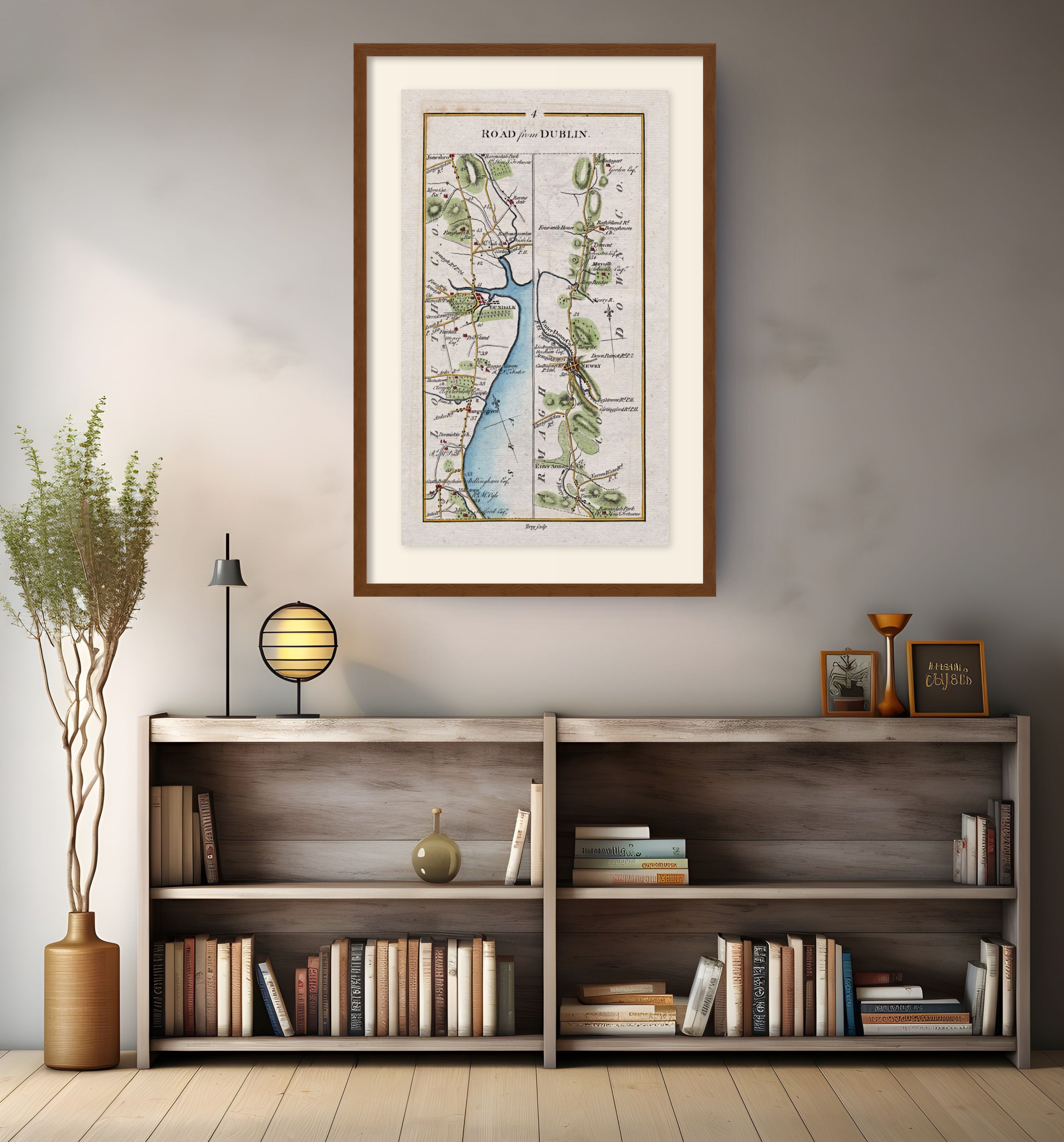 Framed antique Ireland road map of Dundalk, Newry, Castlebellingham and Dromiskin displayed in a modern interior