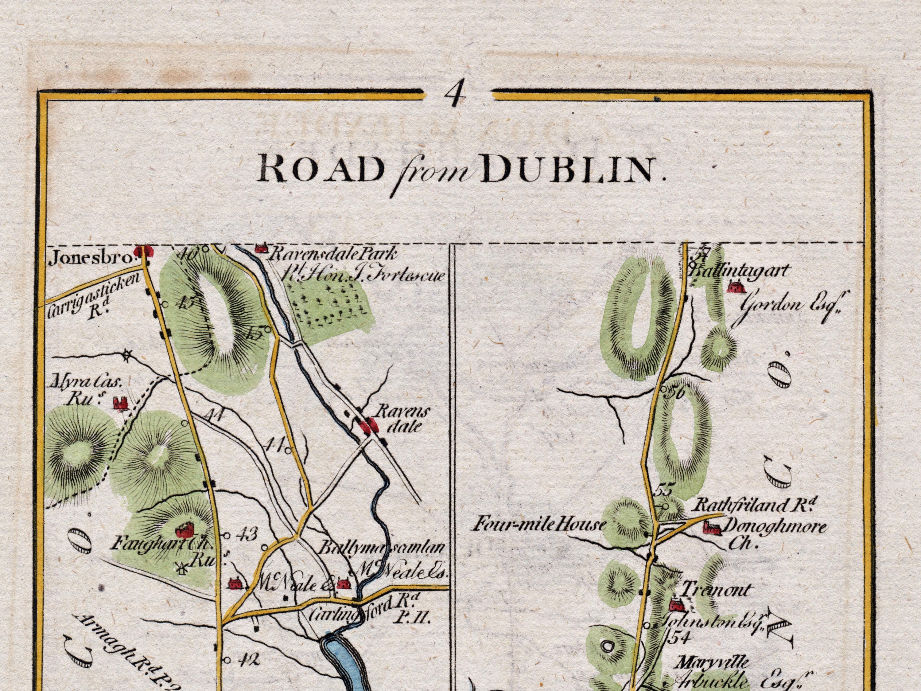 Close-up of the 1783 Taylor & Skinner road map showing Jonesborough, Ravensdale, Ballintaggart, Donoughmore Church and nearby roads.