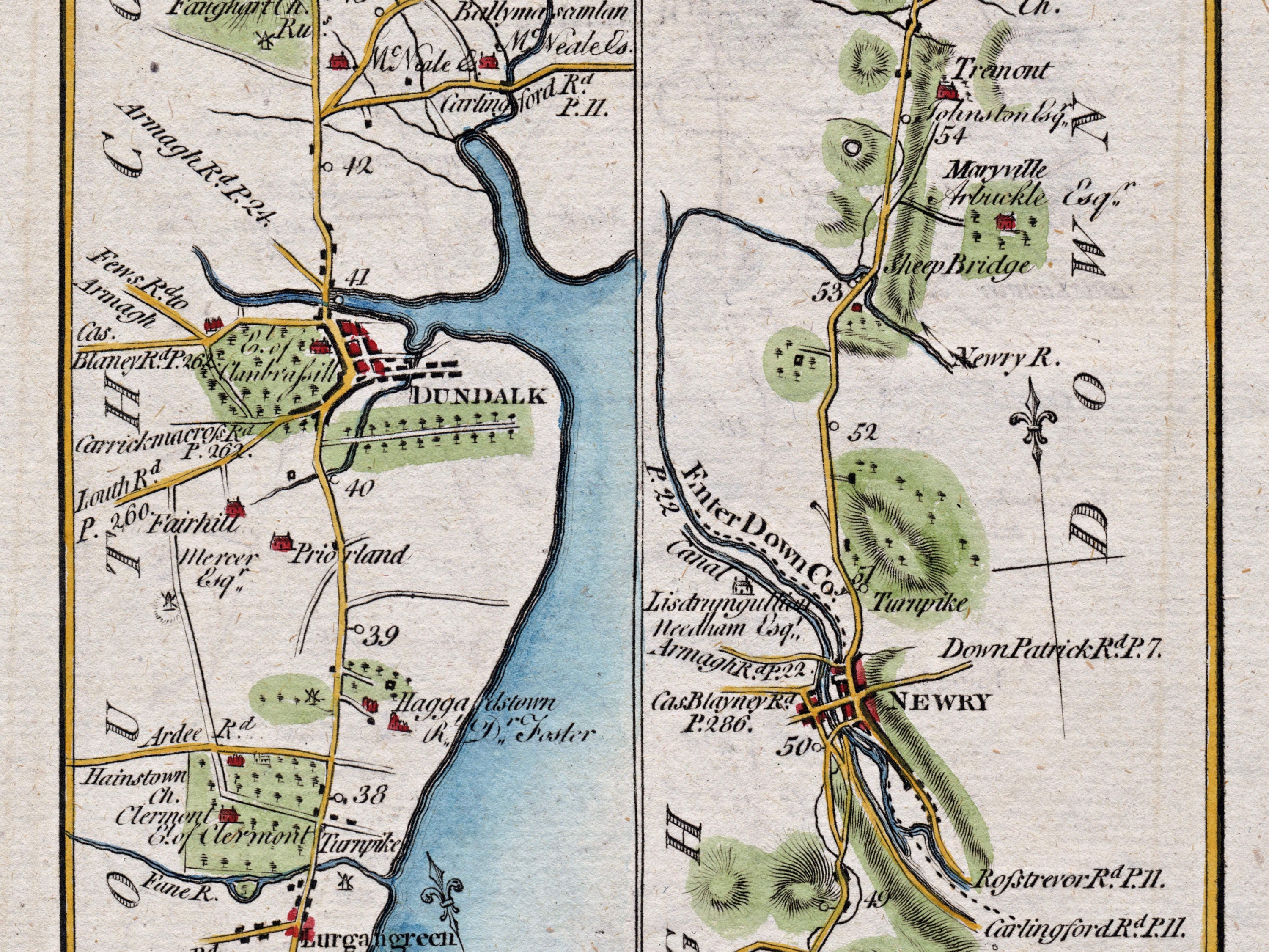 Close-up of Dundalk and Newry with surrounding roads, waterways, turnpikes and county boundary markings on the 1783 Taylor & Skinner map.