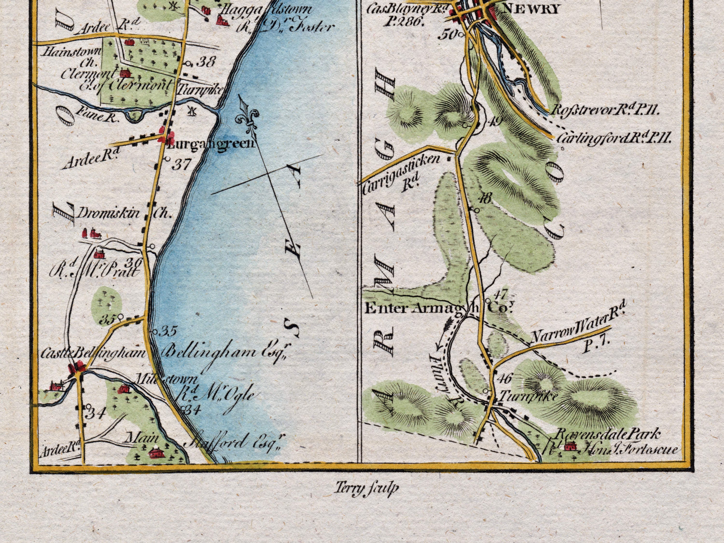 Close-up of Castlebellingham, Dromiskin, Lurgangreen and the lower section of the route towards Newry on the 1783 Taylor & Skinner road map.