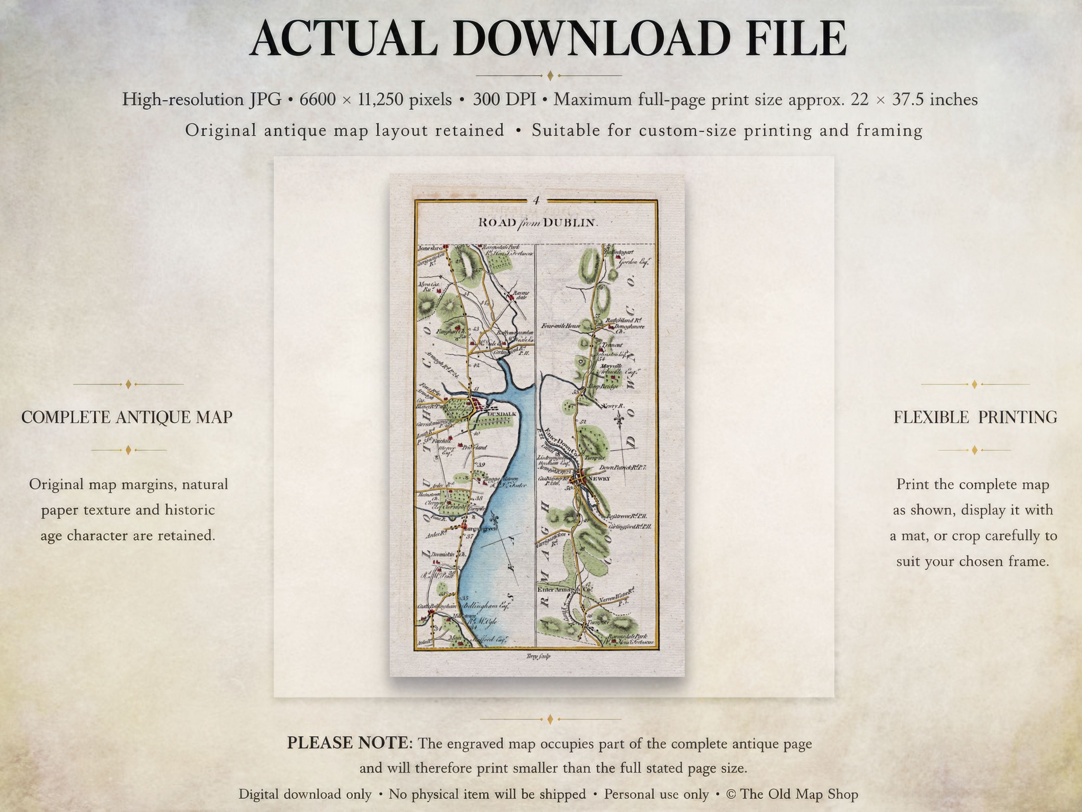 Digital download guide for the 1783 Dundalk, Newry, Castlebellingham and Dromiskin road map showing JPG dimensions and printing information.