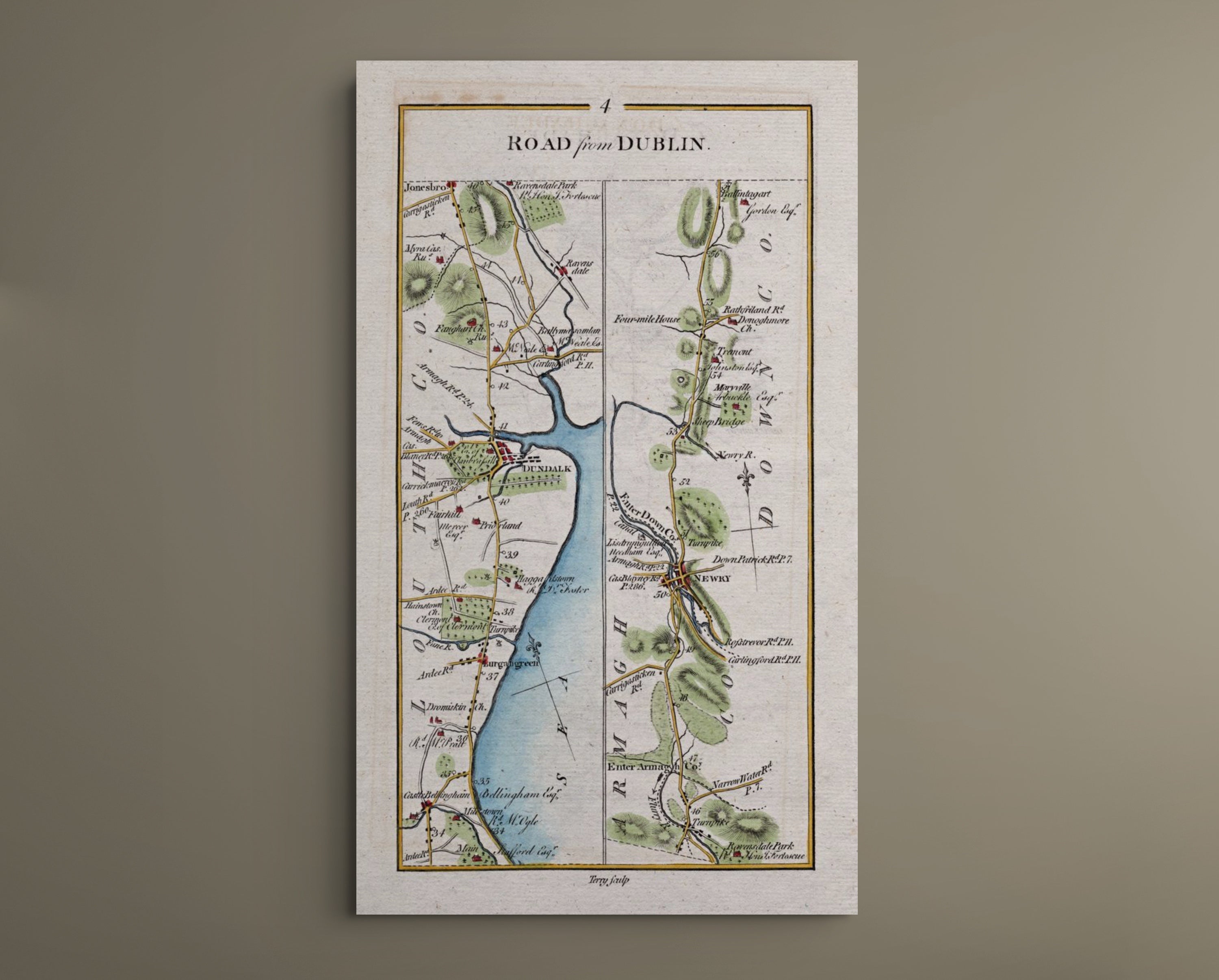 Complete 1783 Taylor & Skinner Dundalk to Newry antique road map displayed against a plain neutral wall.