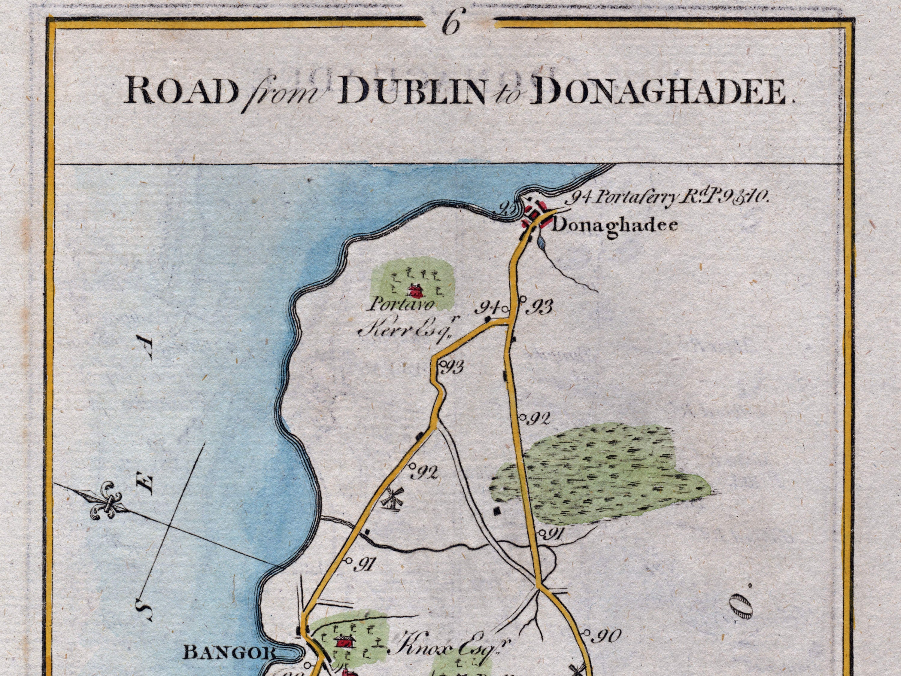 Close-up of the 1783 Taylor & Skinner Ireland road map showing Donaghadee, Bangor, Portaferry Road and the County Down coast.
