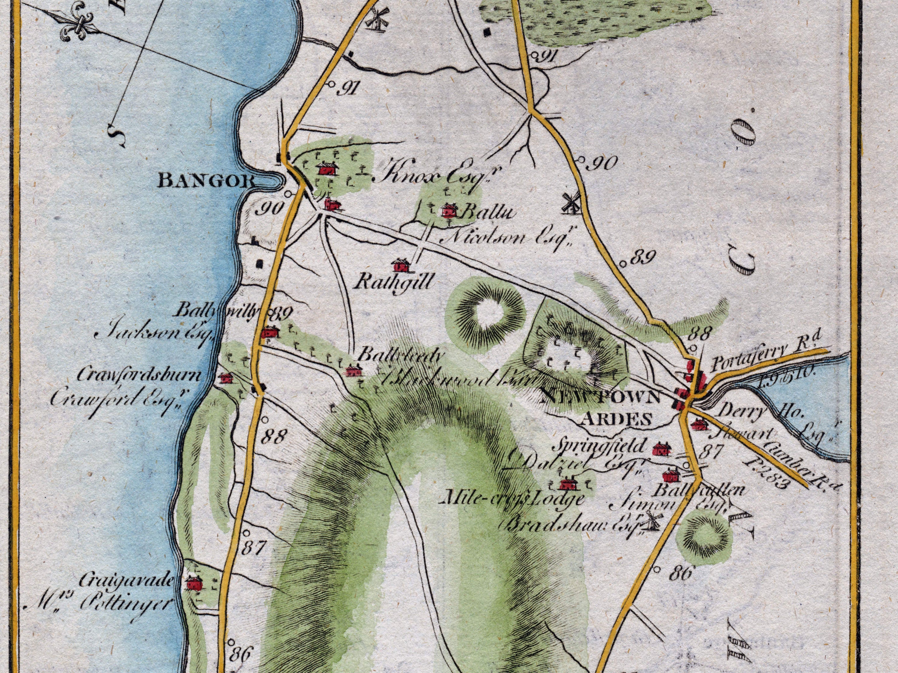 Close-up of the 1783 Taylor & Skinner Ireland road map showing Bangor, Newtownards, Crawfordsburn and surrounding roads and estates.