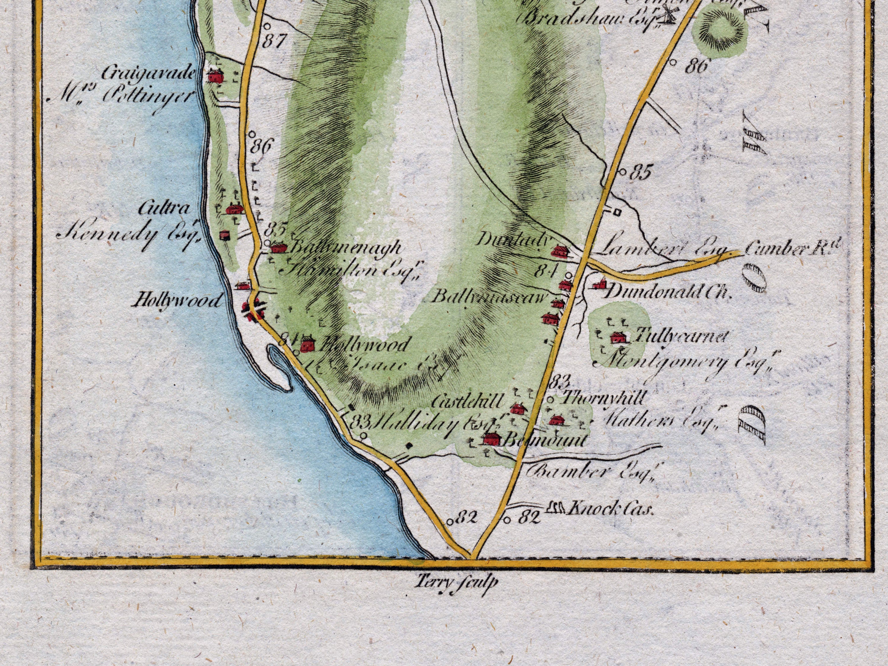 Close-up of the 1783 Taylor & Skinner Ireland road map showing Holywood, Cultra, Dundonald and nearby estates and roads in County Down.