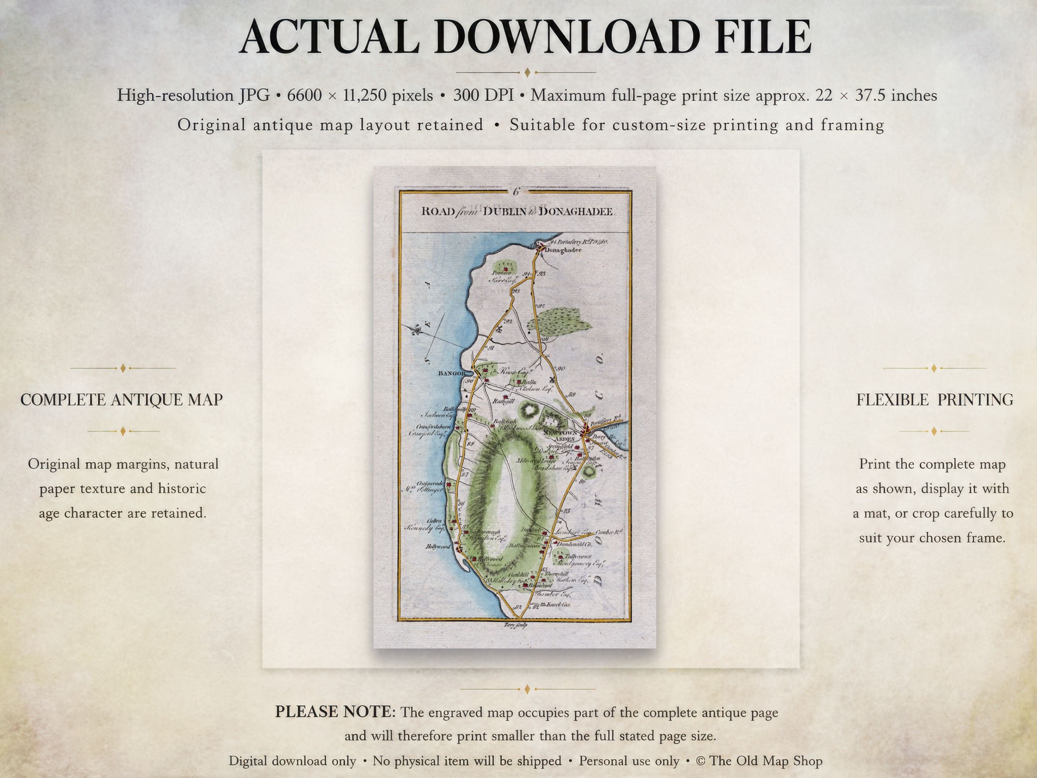 Digital download guide for the 1783 Holywood, Bangor, Newtownards and Donaghadee Ireland road map showing JPG dimensions and printing information.