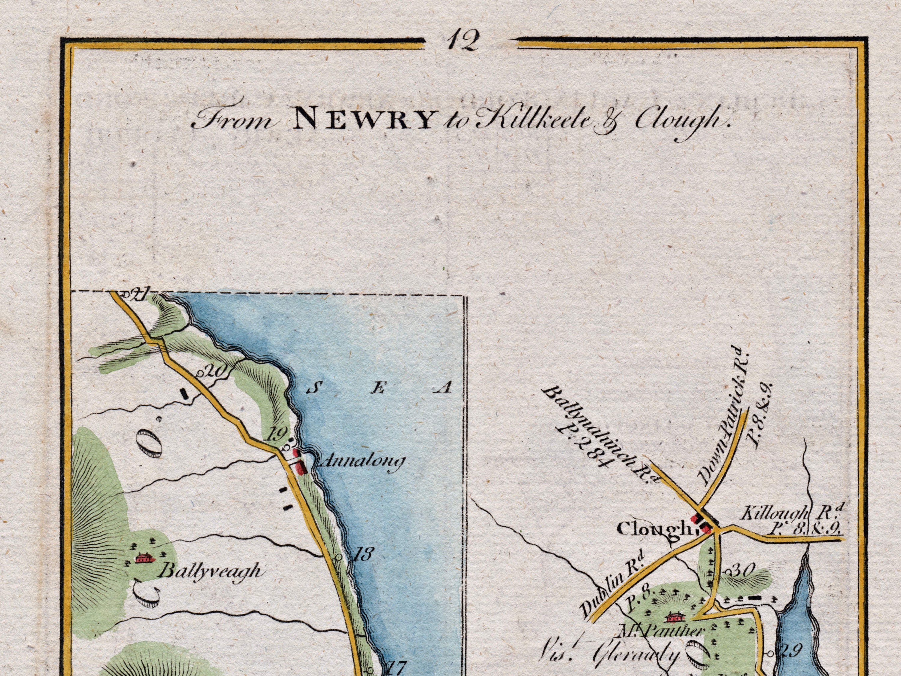 Close-up of the 1783 Taylor & Skinner Ireland road map showing Annalong, Clough and surrounding roads in County Down.