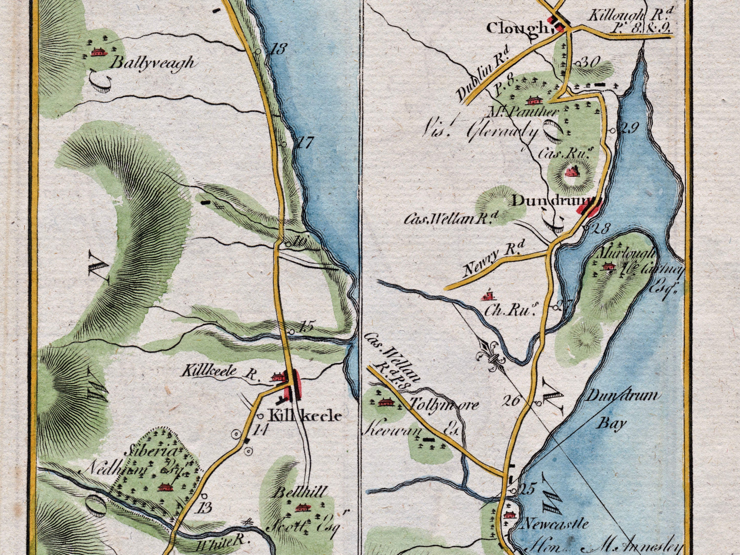 Close-up of the 1783 Taylor & Skinner Ireland road map showing Kilkeel, Dundrum, Dundrum Bay and nearby estates.