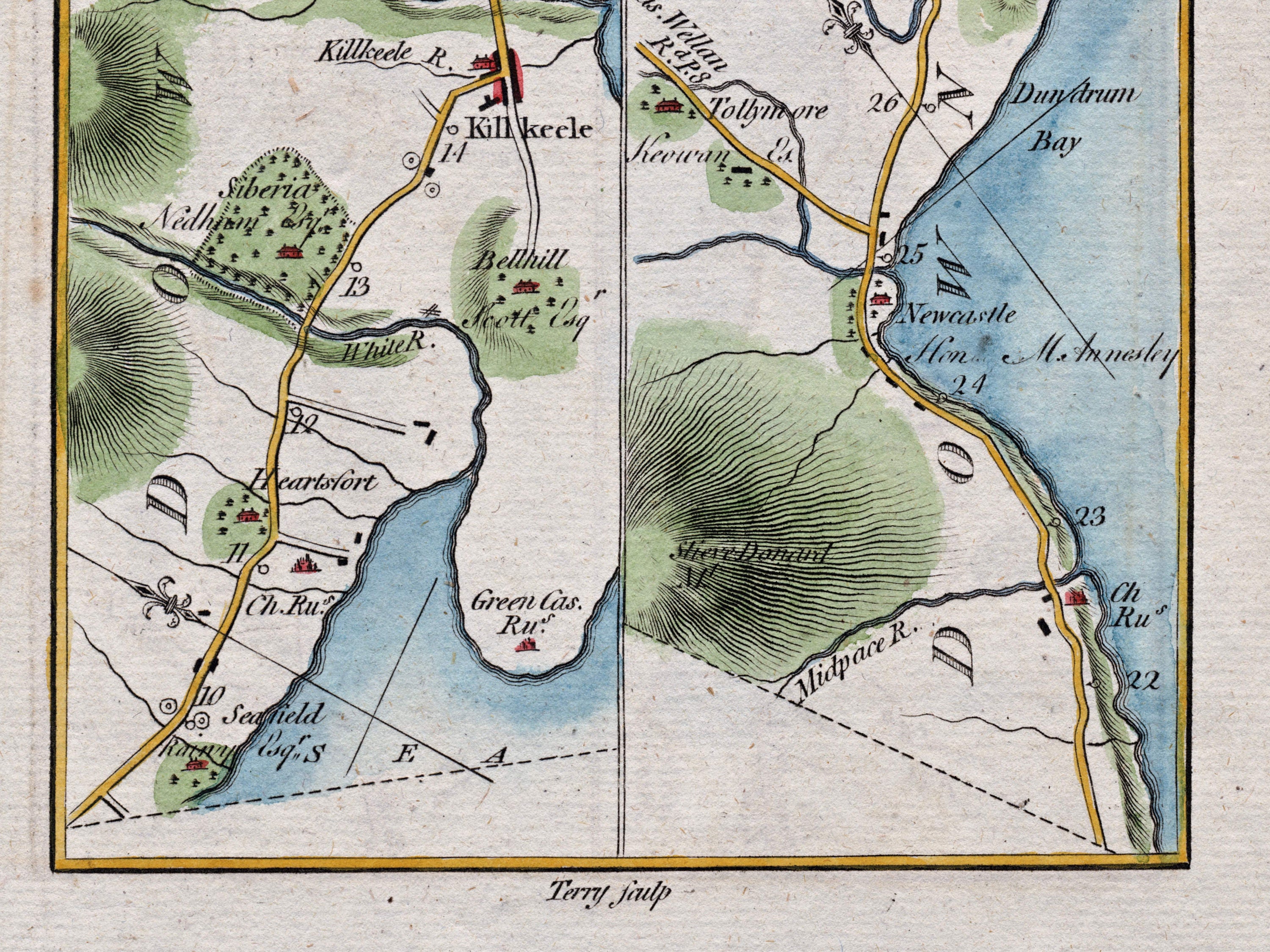 Close-up of the 1783 Taylor & Skinner Ireland road map showing Kilkeel, Newcastle, Tollymore and the coastal route in County Down.
