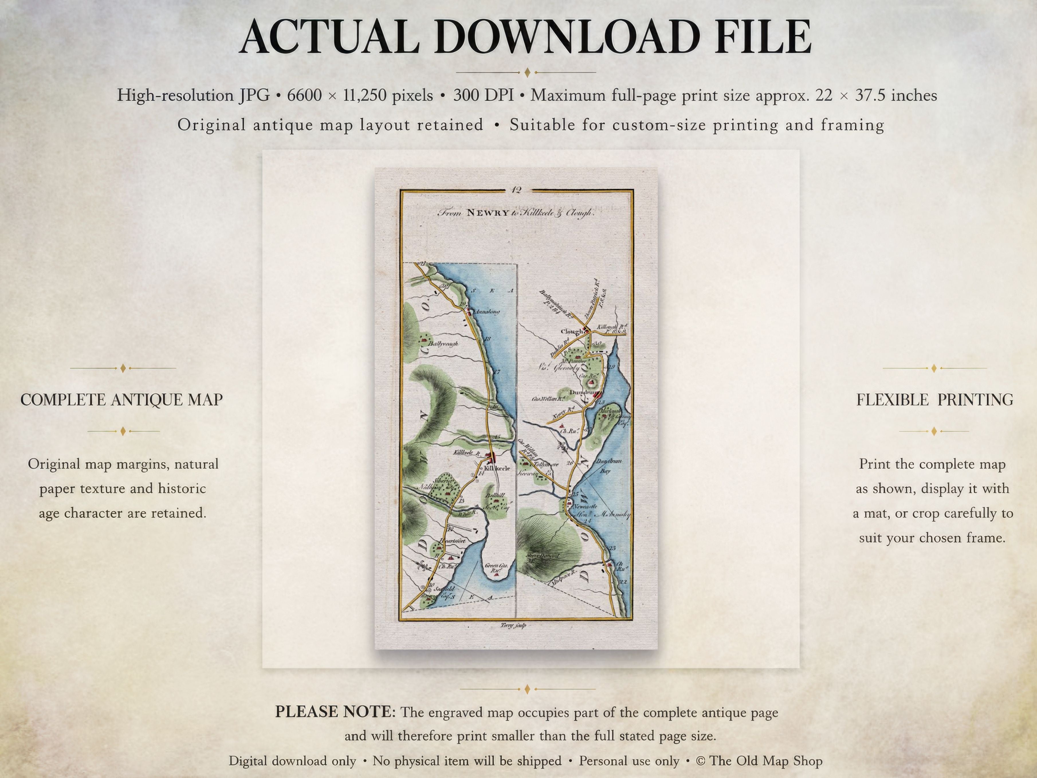 Digital download guide for the 1783 Kilkeel, Newcastle, Dundrum, Annalong and Clough Ireland road map showing JPG dimensions and printing information.