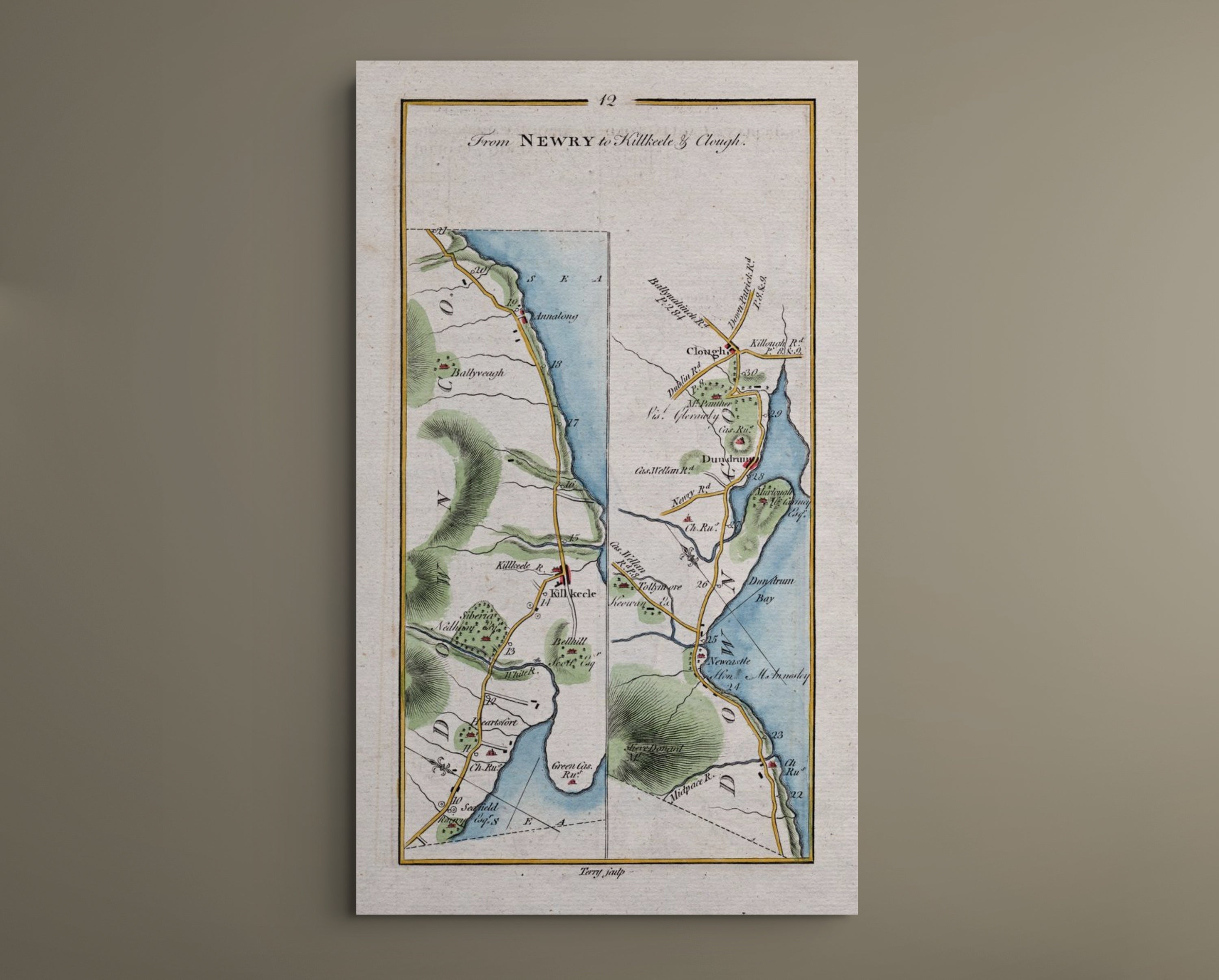 Complete 1783 Taylor & Skinner Kilkeel, Newcastle, Dundrum, Annalong and Clough Ireland road map displayed against a plain neutral wall.