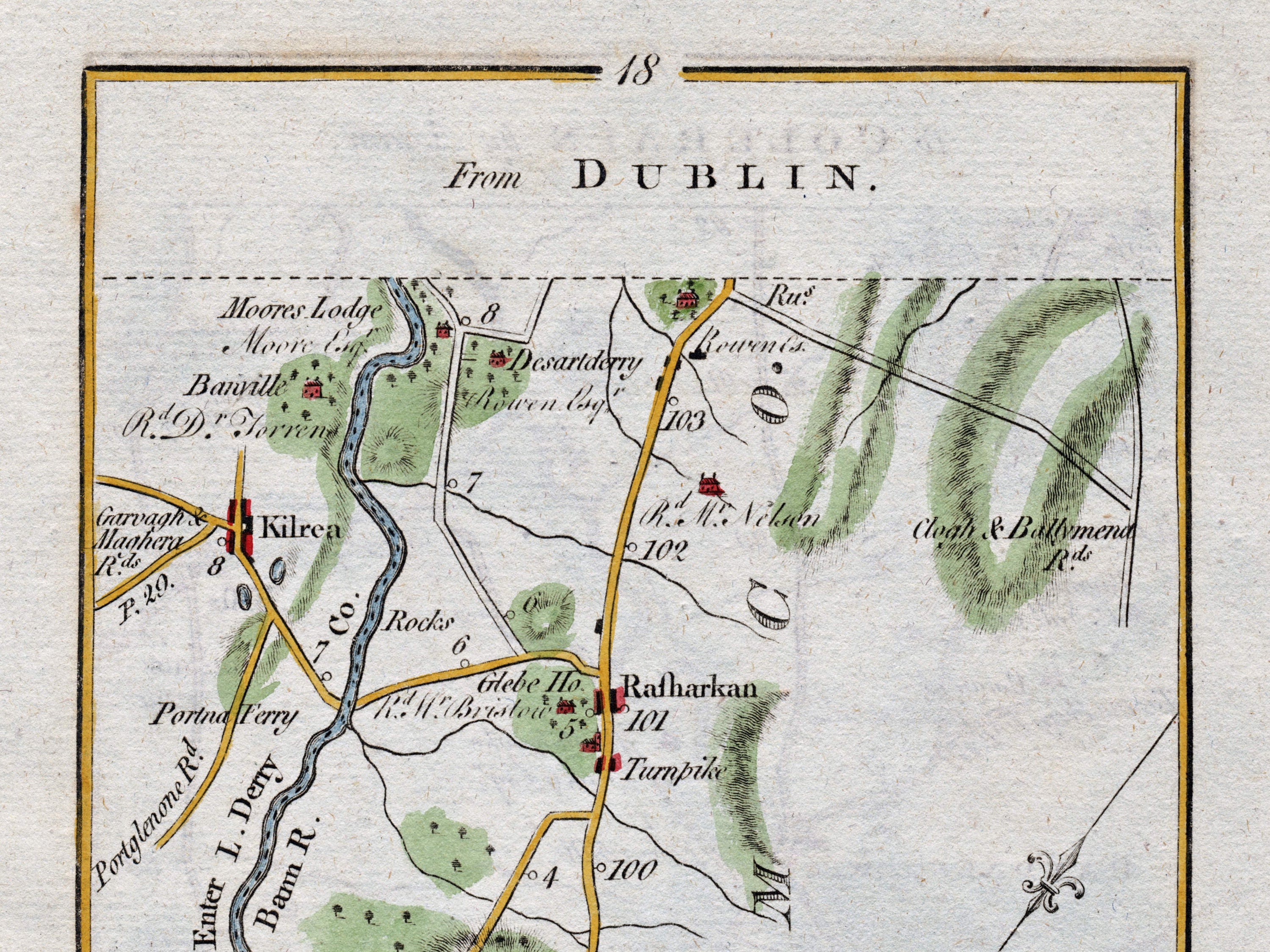 Close-up of the 1783 Taylor & Skinner Ireland road map showing Kilrea, Rasharkin, the River Bann and surrounding roads and estates.