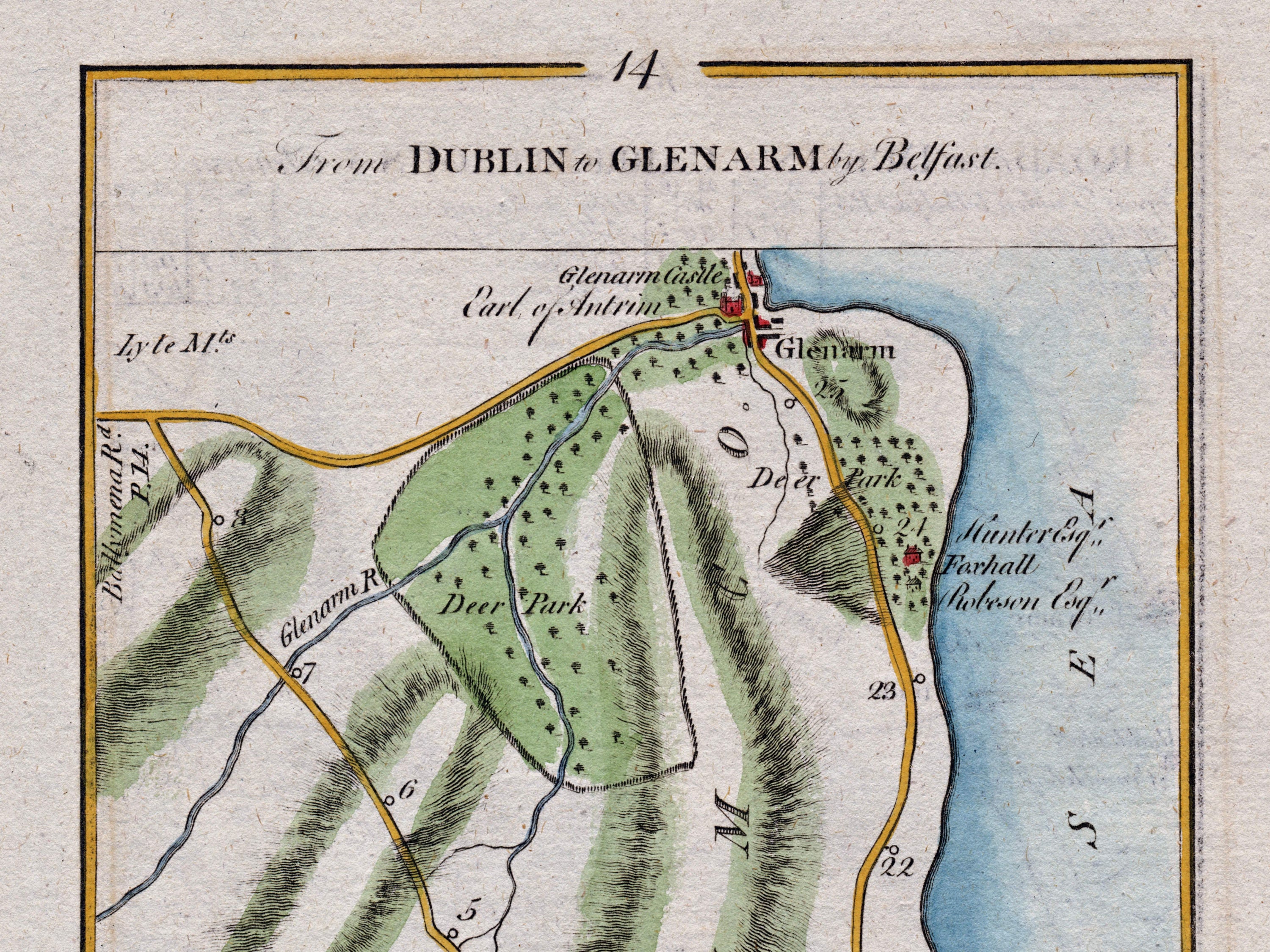 Close-up of the 1783 Taylor & Skinner Ireland road map showing Glenarm, Glenarm Castle, Deer Park and the County Antrim coast.