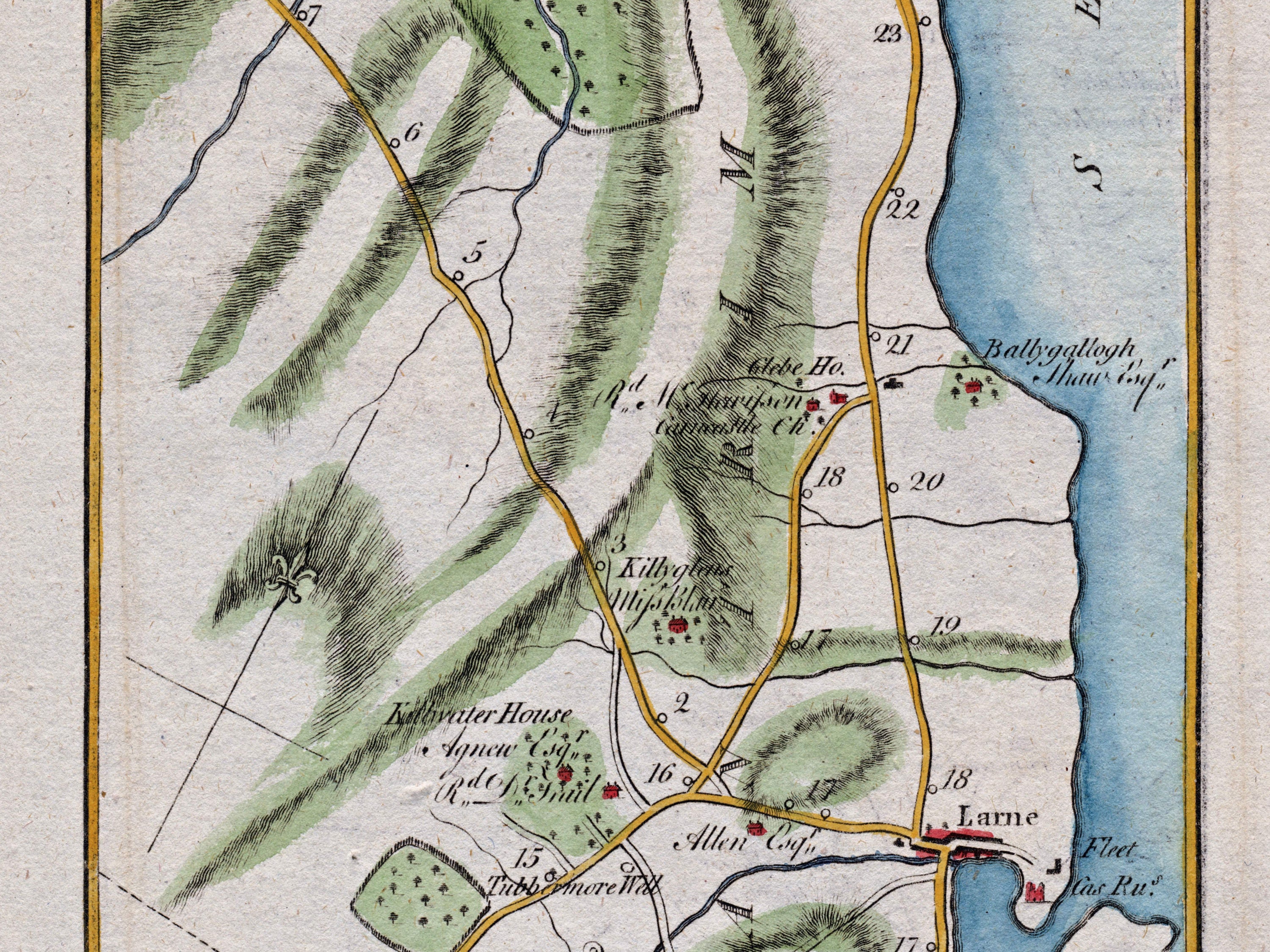 Close-up of the 1783 Taylor & Skinner Ireland road map showing Ballygally, Larne, Kilwaughter House and surrounding roads and estates.