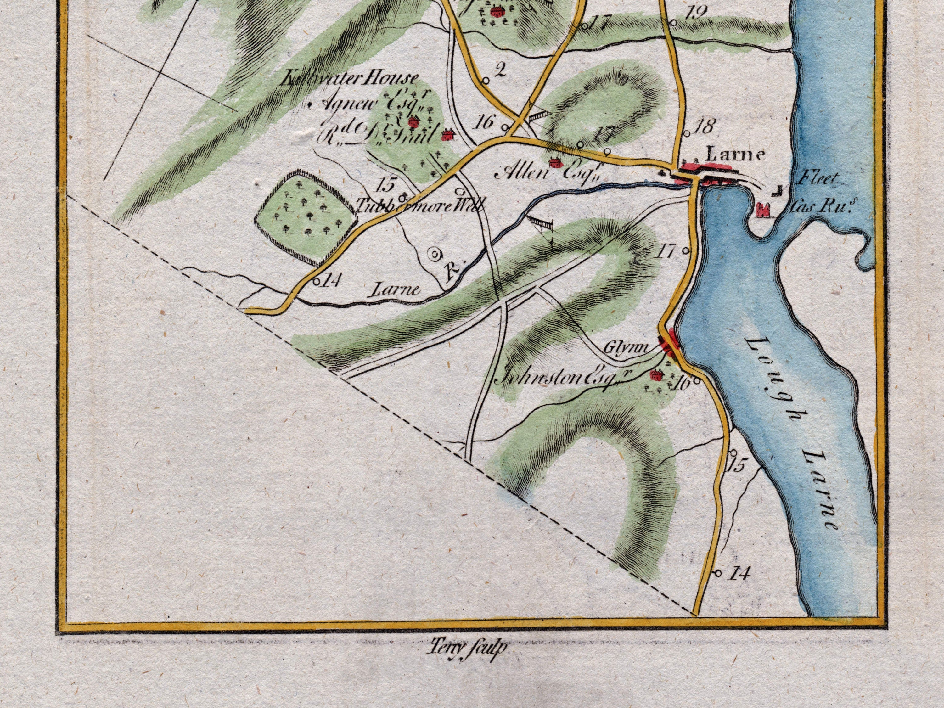 Close-up of the 1783 Taylor & Skinner Ireland road map showing Larne, Glynn, Lough Larne and the surrounding coastal road network.