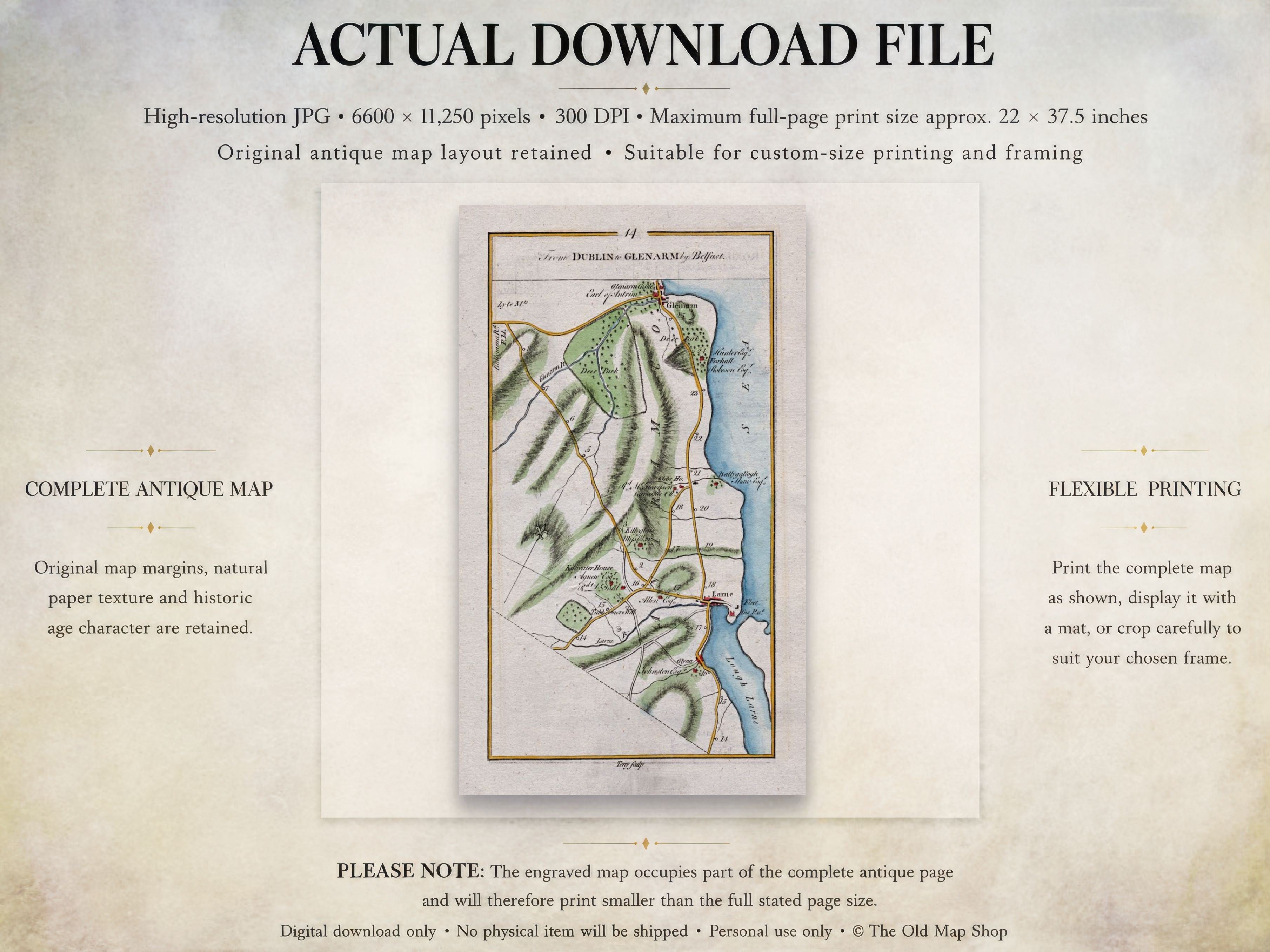 Digital download guide for the 1783 Larne, Glenarm, Ballygally and Glynn Ireland road map showing JPG dimensions and printing information.