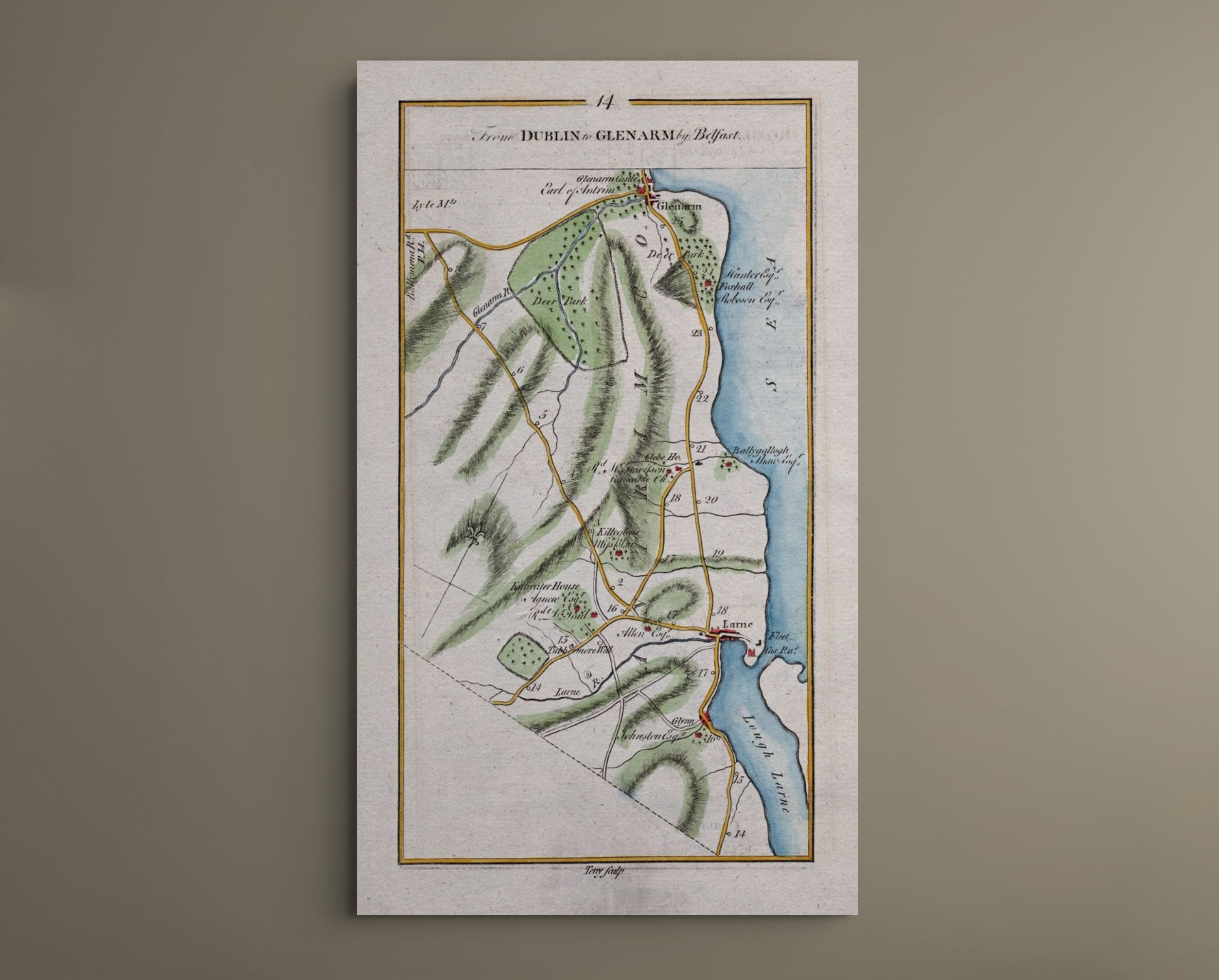 Complete 1783 Taylor & Skinner Larne, Glenarm, Ballygally and Glynn Ireland road map displayed against a plain neutral wall.