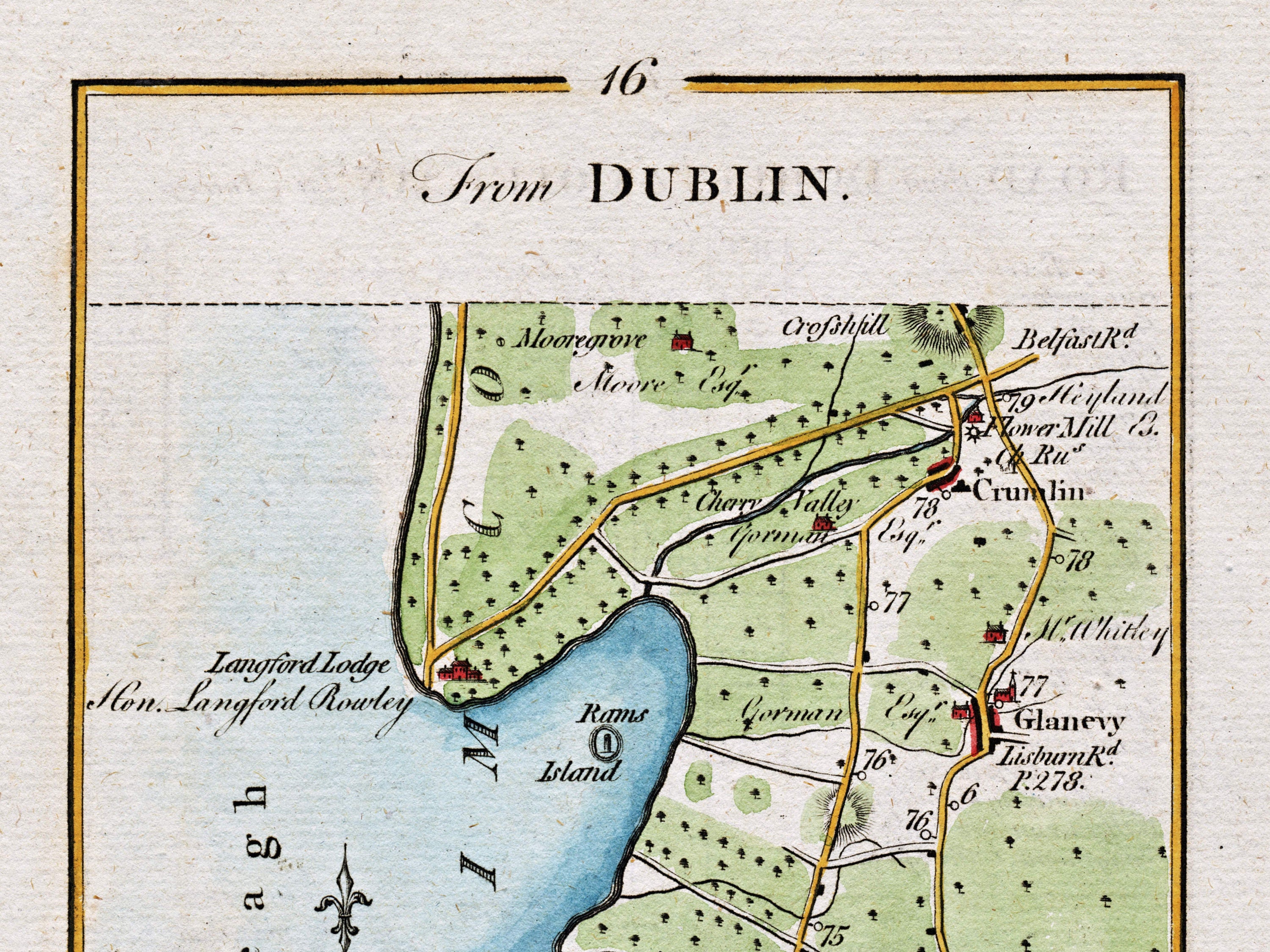 Close-up of the 1783 Taylor & Skinner Ireland road map showing Crumlin, Glenavy, Rams Island and the northern shore of Lough Neagh.