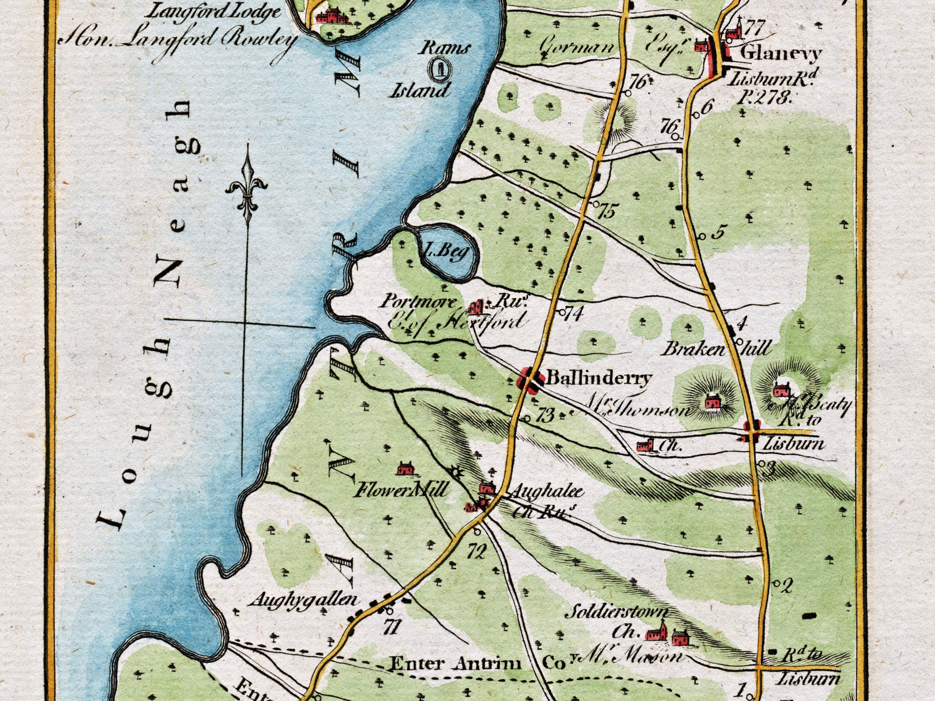 Close-up of the 1783 Taylor & Skinner Ireland road map showing Ballinderry, Lisburn, Aghalee and surrounding roads and estates.