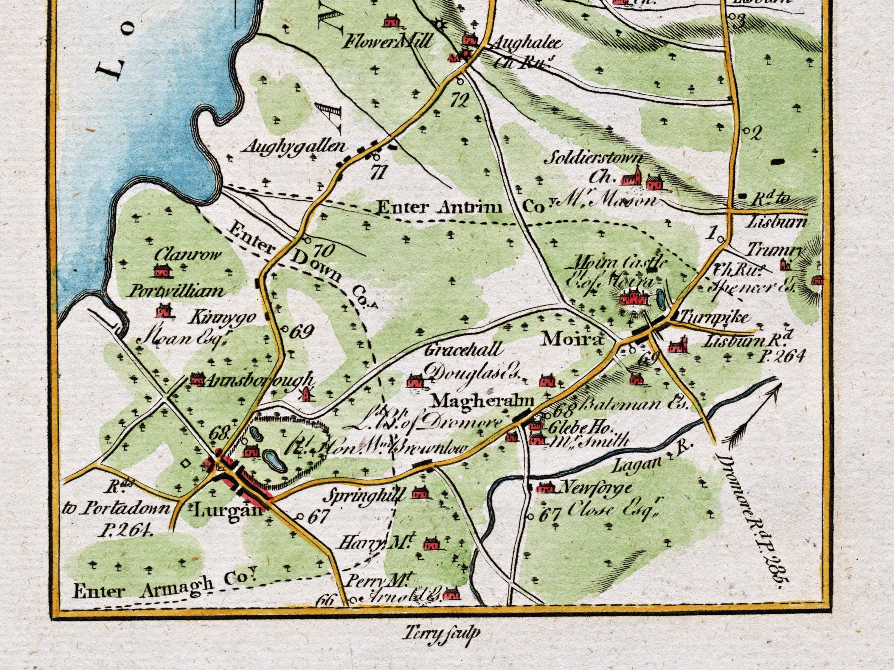 Close-up of the 1783 Taylor & Skinner Ireland road map showing Lurgan, Moira, Magheralin and adjoining roads across Counties Armagh and Down.