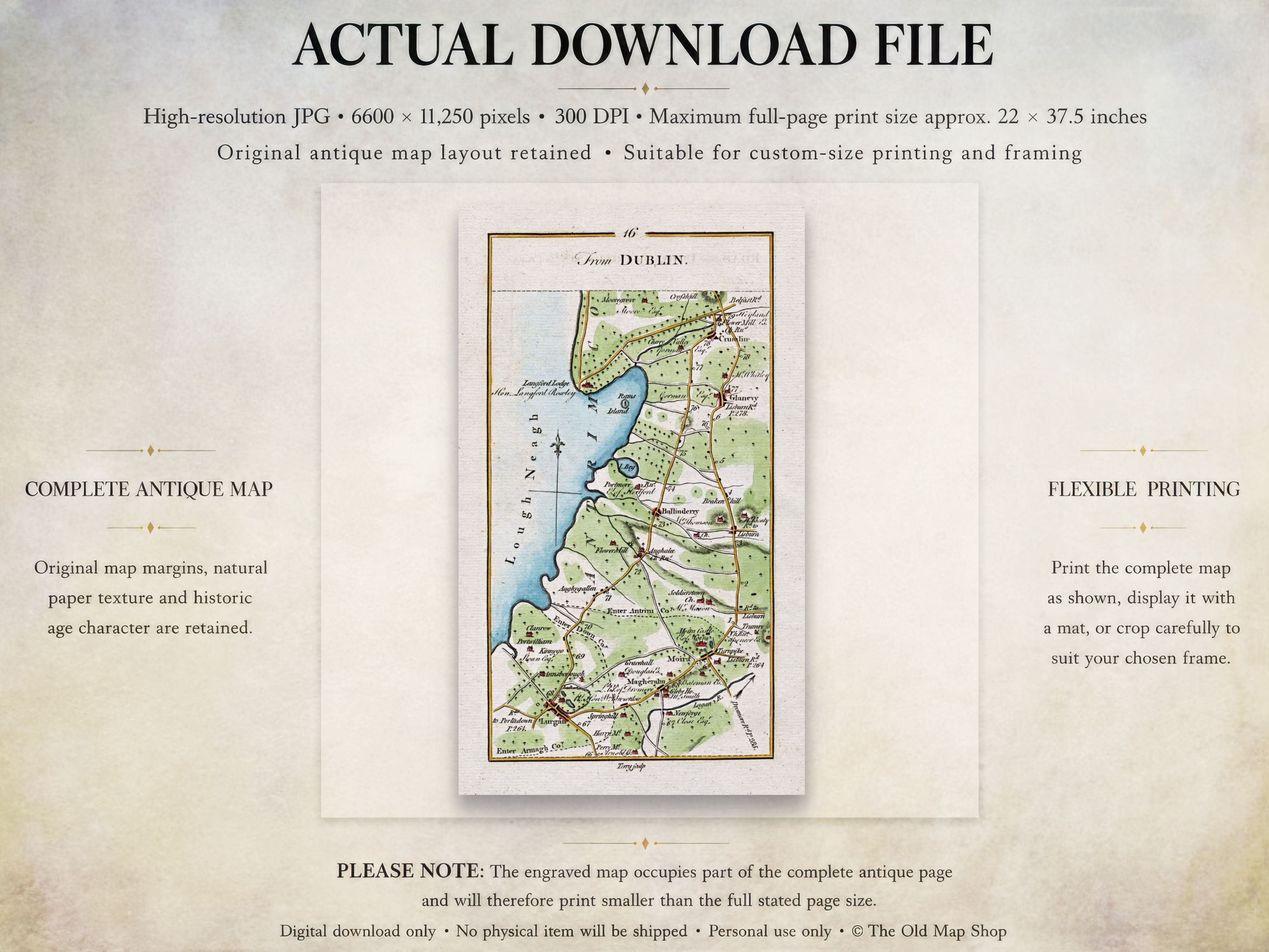 Digital download guide for the 1783 Lurgan, Moira, Crumlin, Glenavy and Ballinderry Ireland road map showing JPG dimensions and printing information.